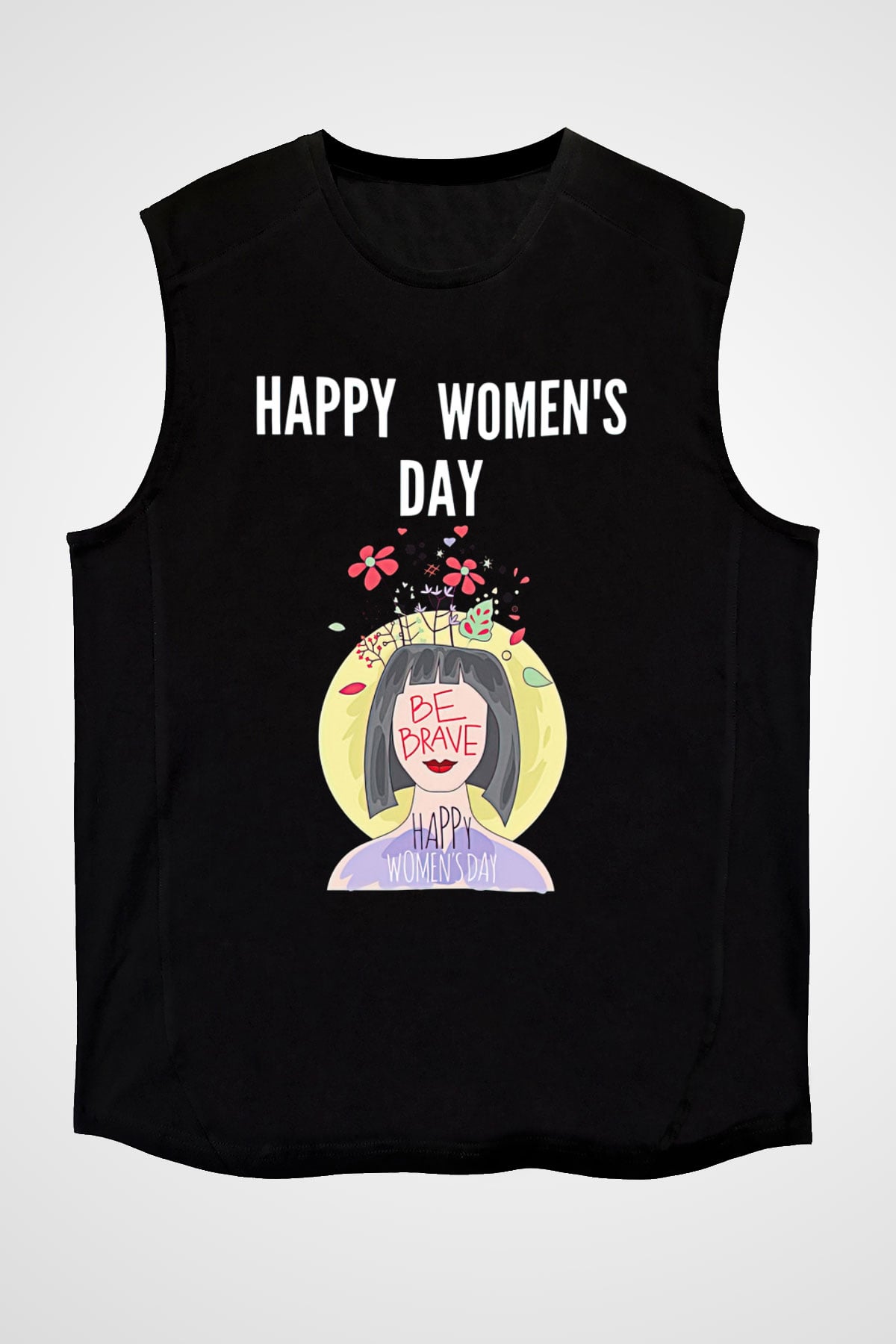 Kadınlar Günü Baskılı Unisex Siyah Kolsuz Tişört - Tshirt