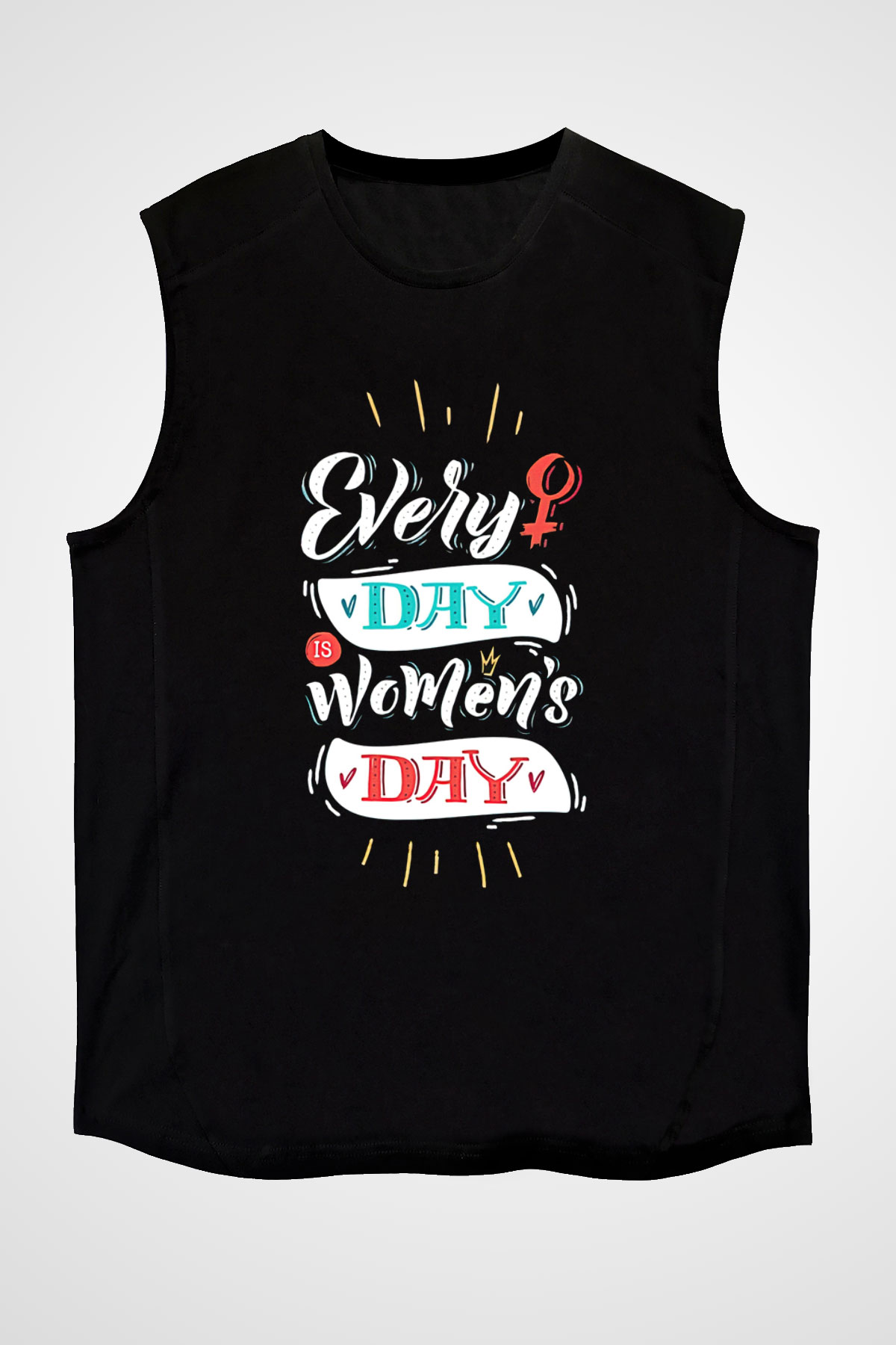 Kadınlar Günü Baskılı Unisex Siyah Kolsuz Tişört - Tshirt