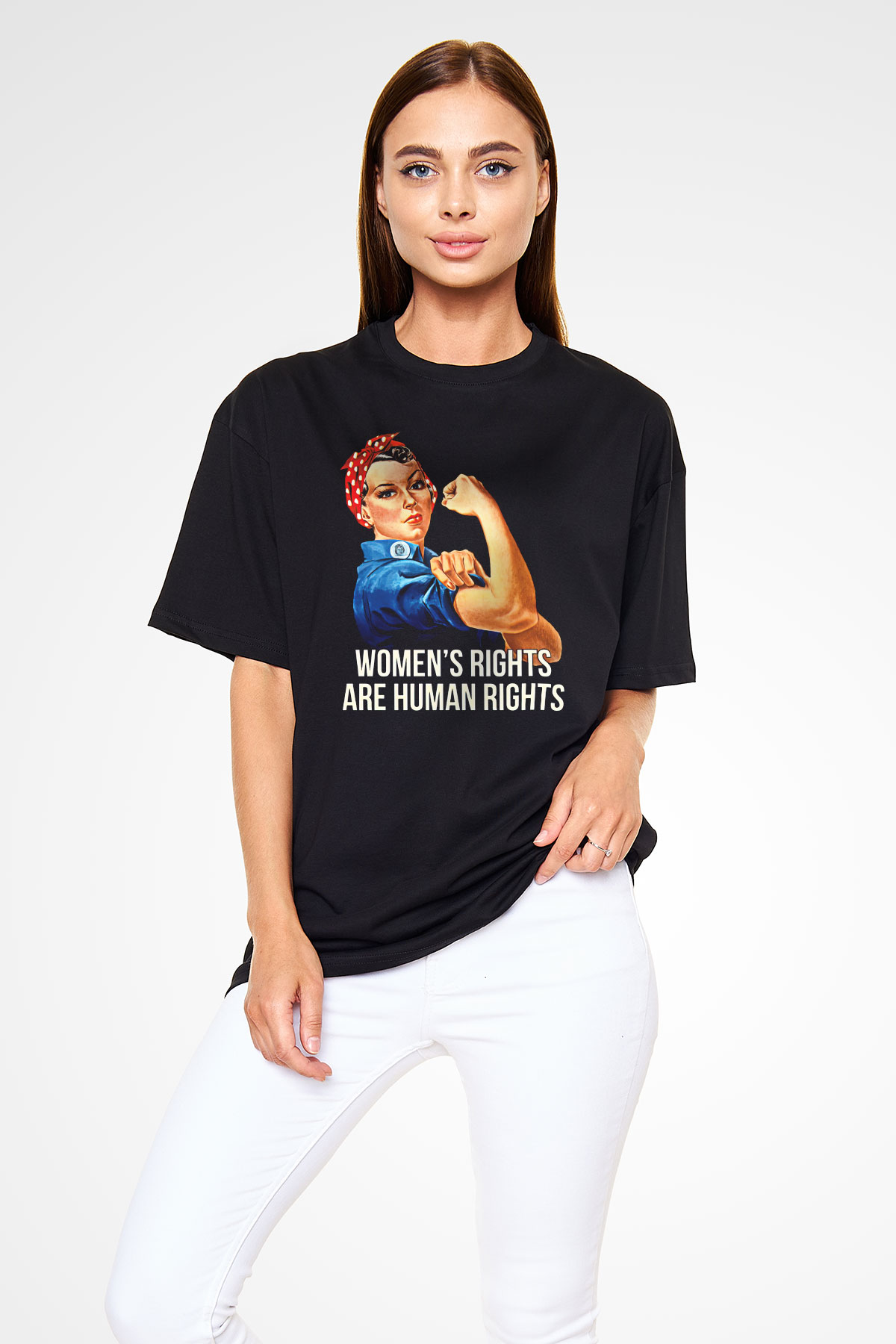Kadınlar Günü Baskılı Unisex Siyah Oversize Tişört - Tshirt