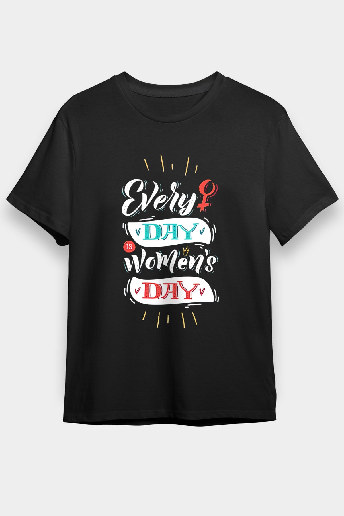 Kadınlar Günü Baskılı Unisex Siyah Tişört - Tshirt