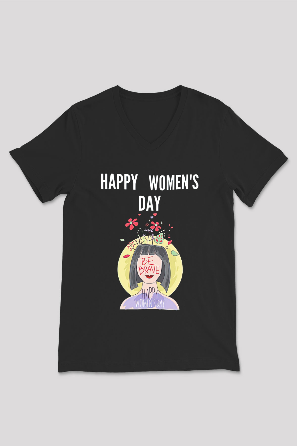 Kadınlar Günü Baskılı Unisex Siyah V Yaka Tişört - Tshirt