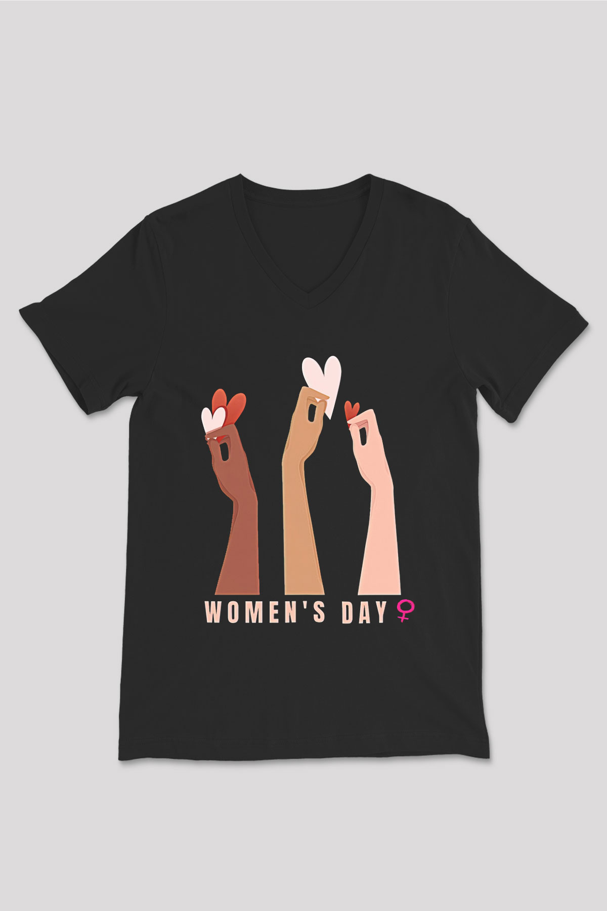 Kadınlar Günü Baskılı Unisex Siyah V Yaka Tişört - Tshirt