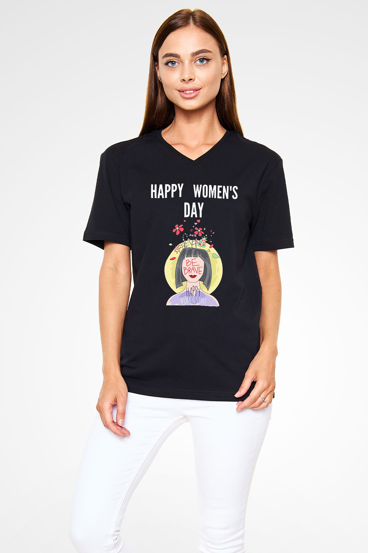 Kadınlar Günü Baskılı Unisex Siyah V Yaka Tişört - Tshirt