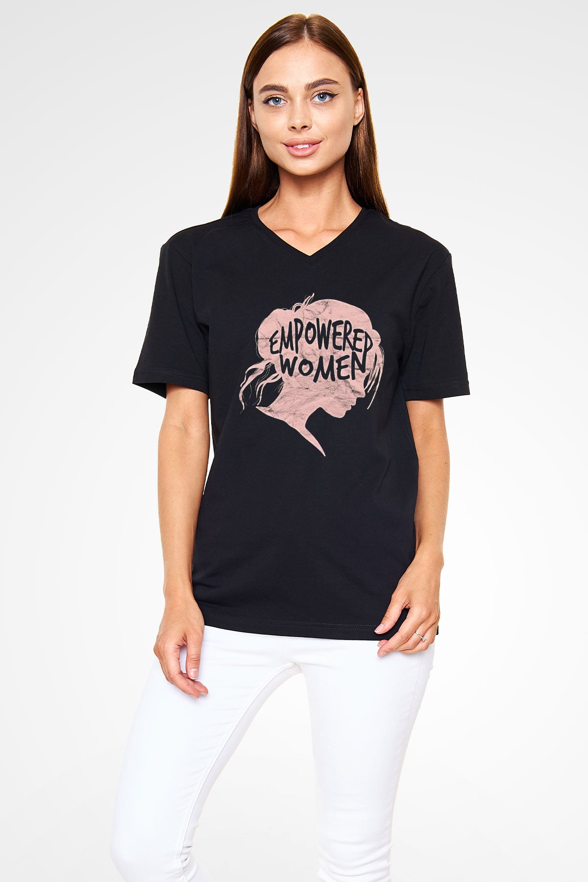 Kadınlar Günü Baskılı Unisex Siyah V Yaka Tişört - Tshirt