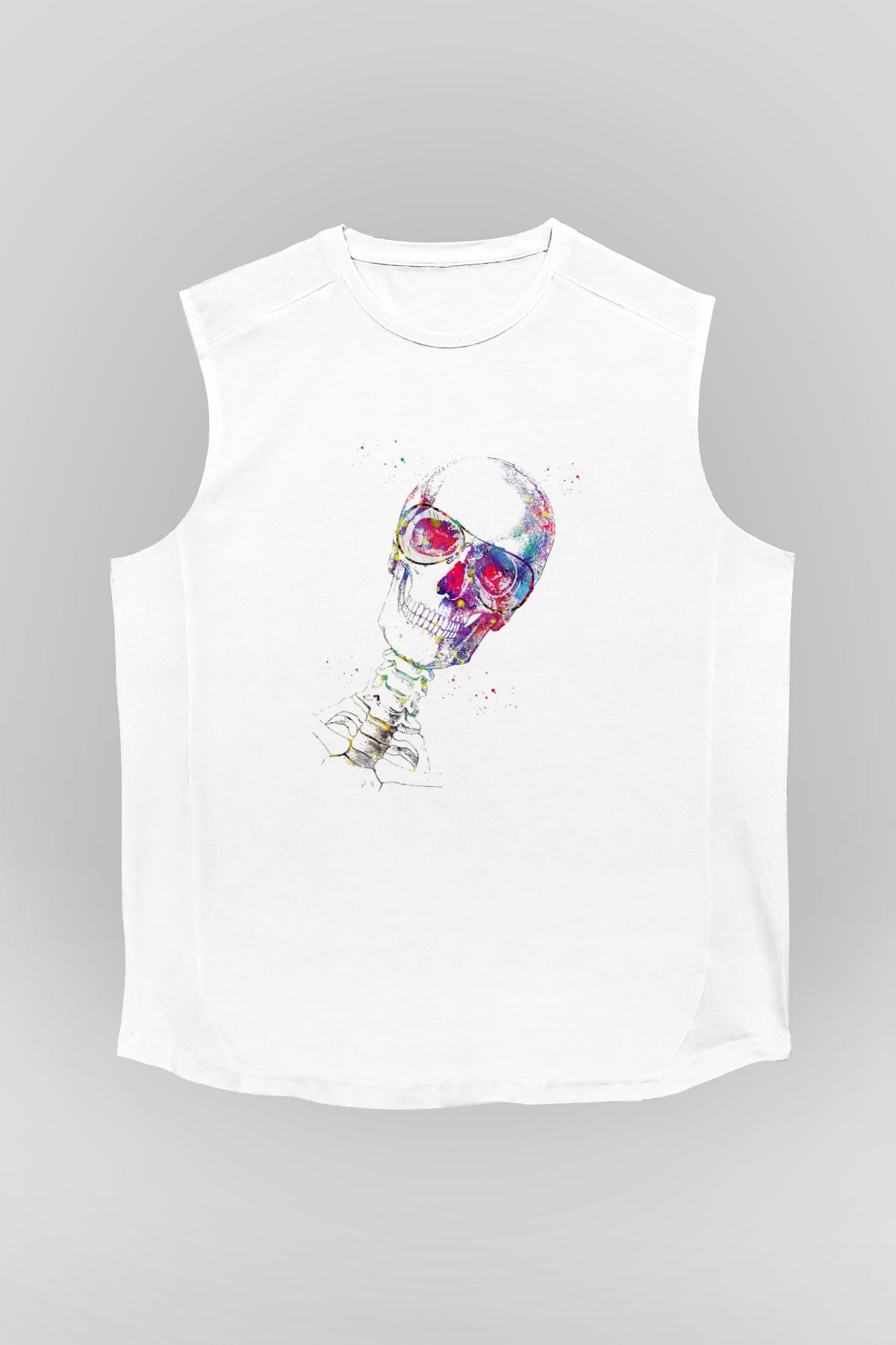 Kafatası Anatomi Baskılı Unisex Kolsuz Beyaz Tişört - Tshirt
