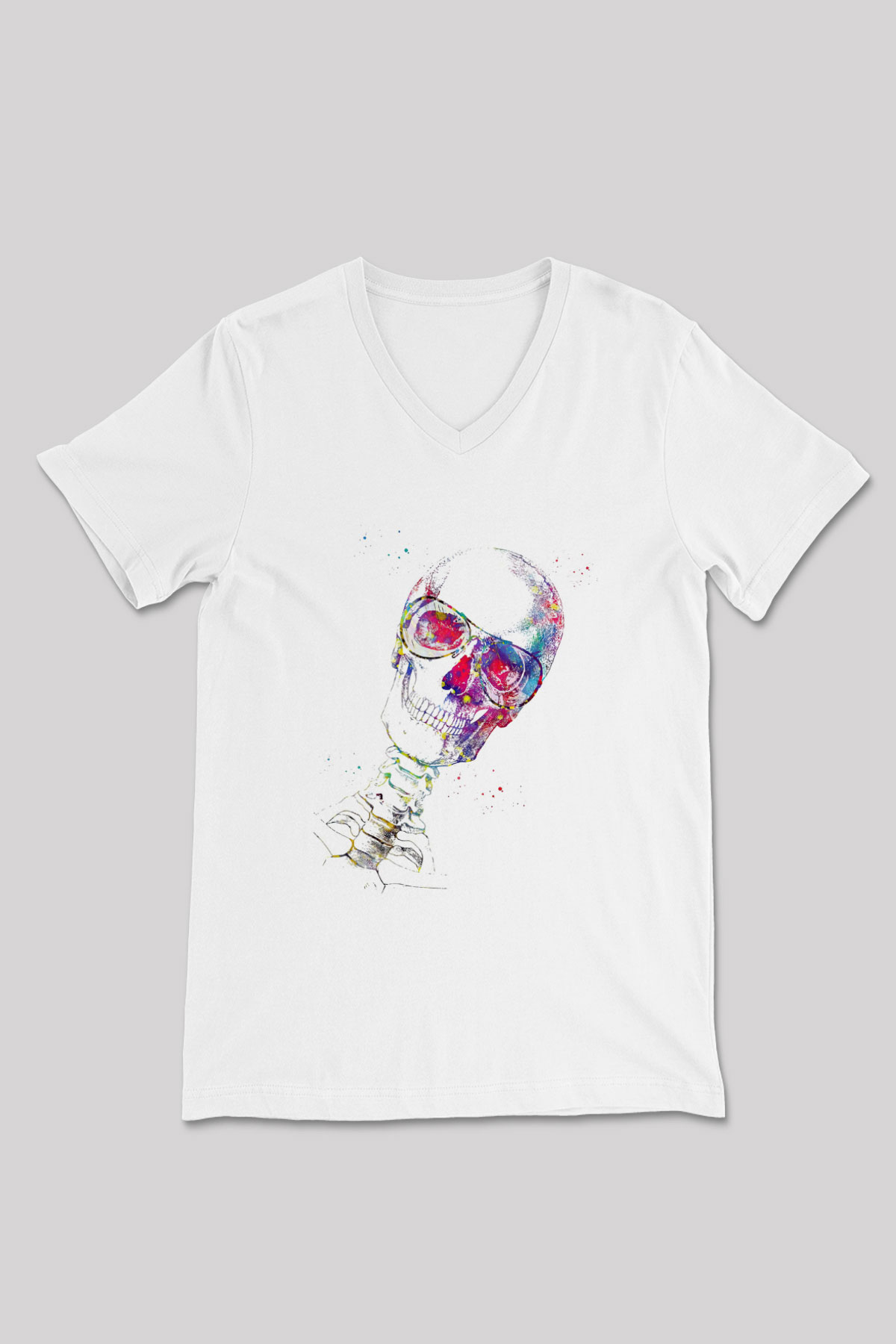 Kafatası Anatomi Baskılı Unisex V Yaka Beyaz Tişört - Tshirt