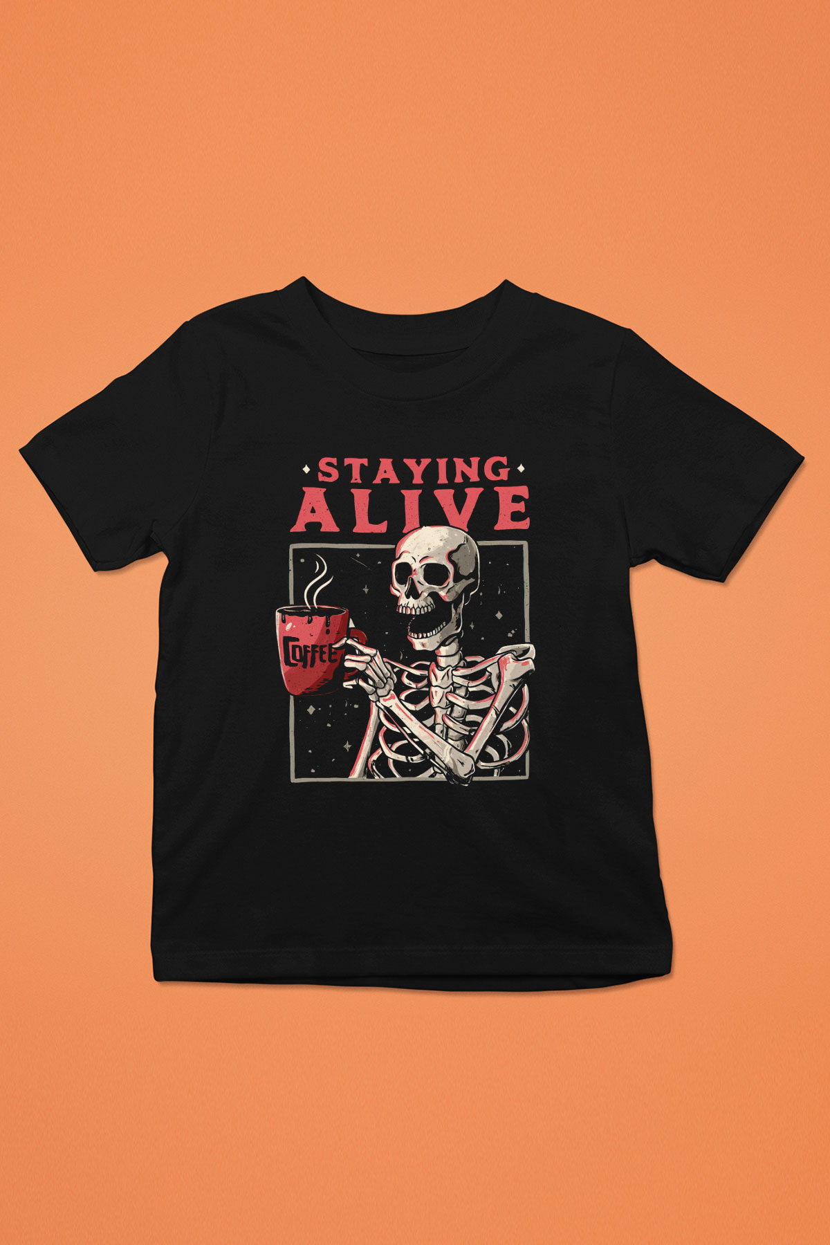 Kahve İçen İskelet Baskılı Unisex Siyah  Çocuk Tişört