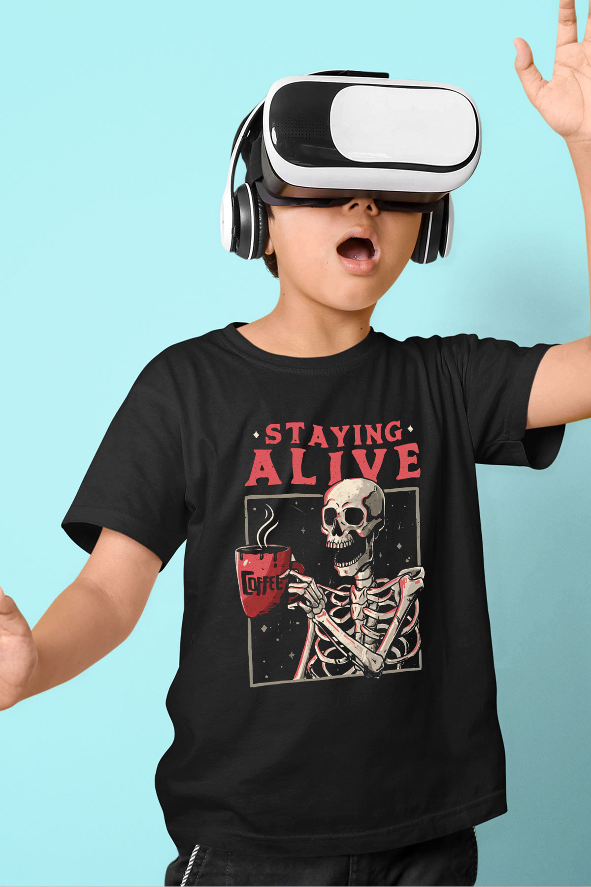 Kahve İçen İskelet Baskılı Unisex Siyah  Çocuk Tişört