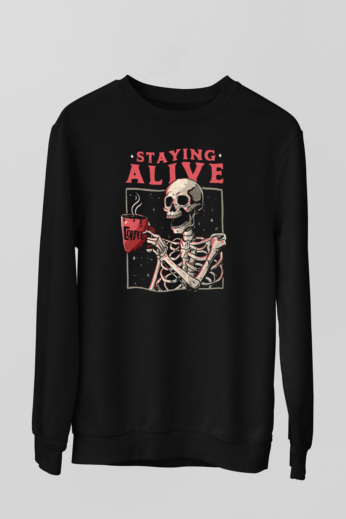 Kahve İçen İskelet Baskılı Unisex Siyah  Sweatshirt