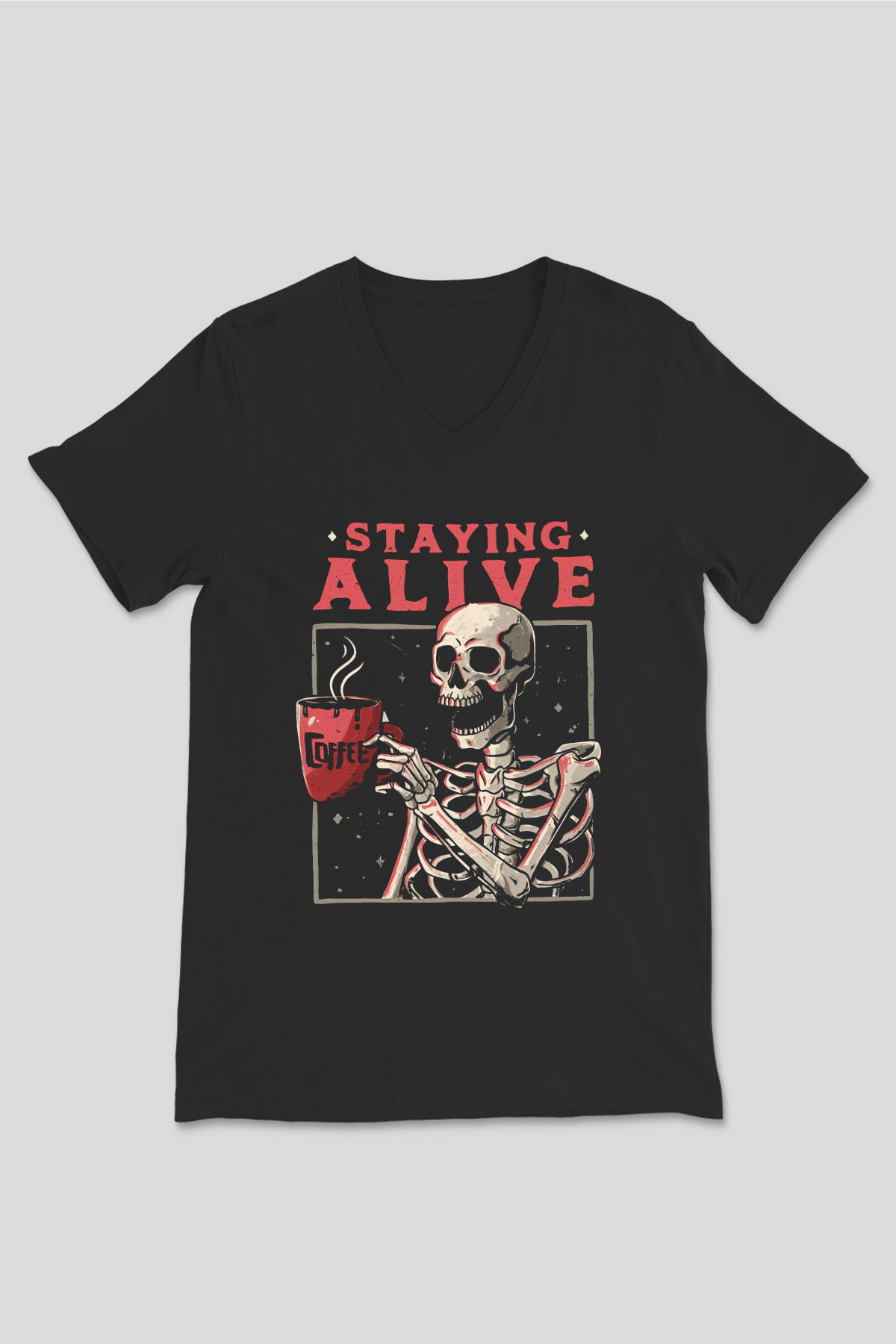 Kahve İçen İskelet Baskılı Unisex Siyah  V Yaka Tişört