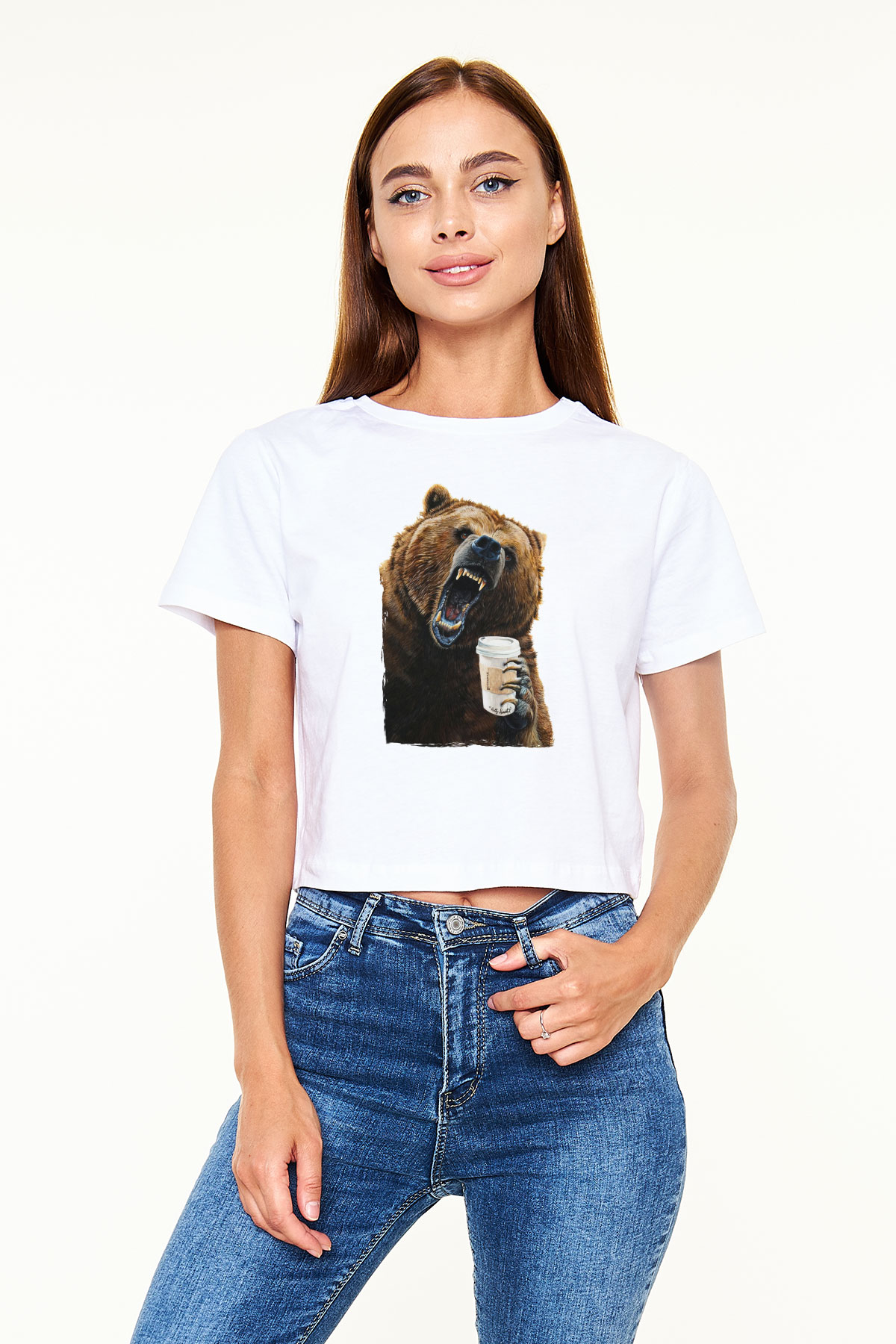 Kahve İçen Sinirli Ayı Baskılı Beyaz  Crop Top Tişört