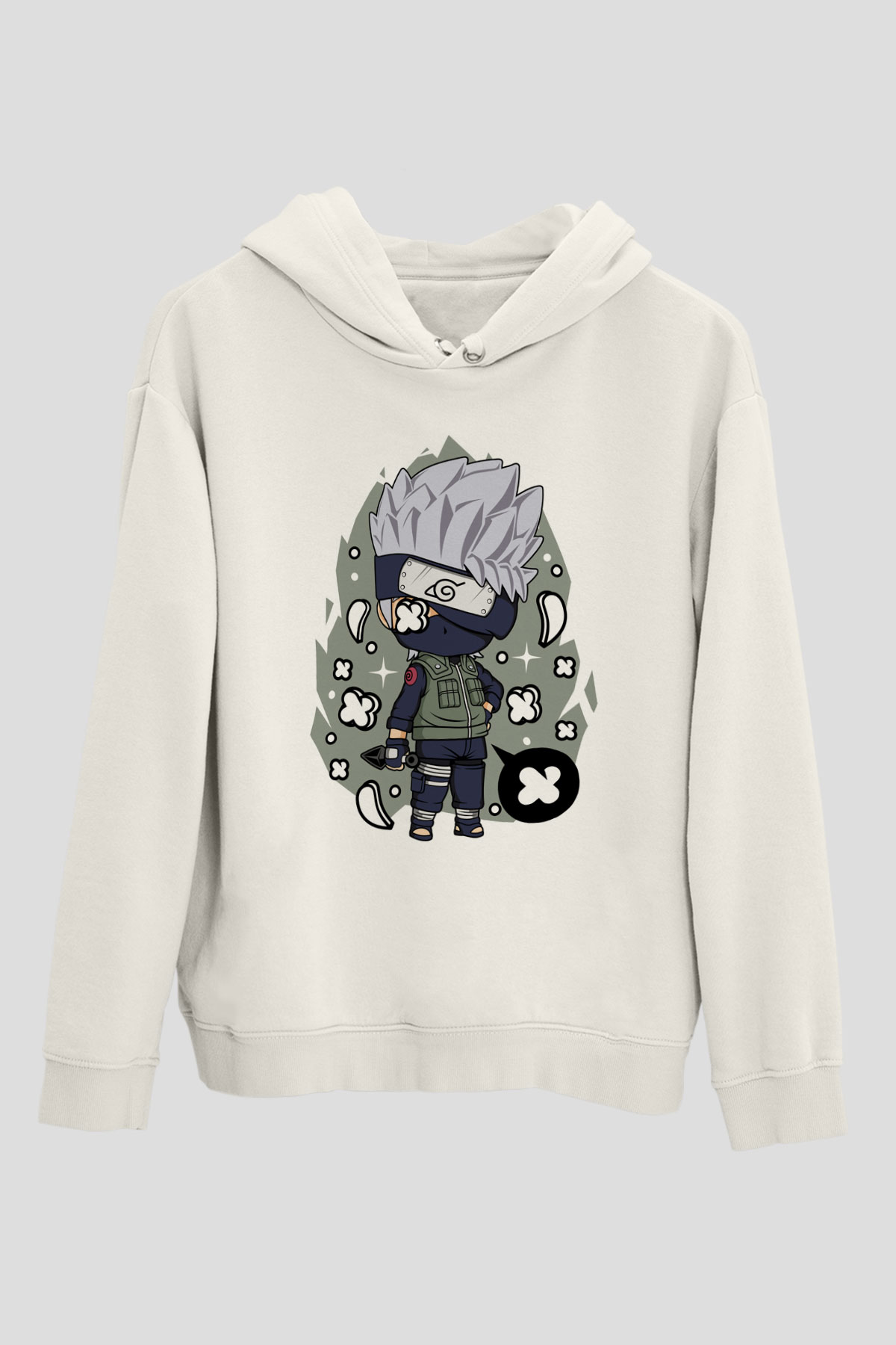 Kakashi Baskılı Beyaz Unisex Hoodie