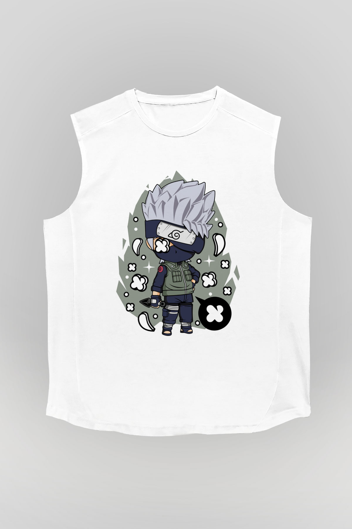 Kakashi Baskılı Beyaz Unisex Kolsuz Tişört