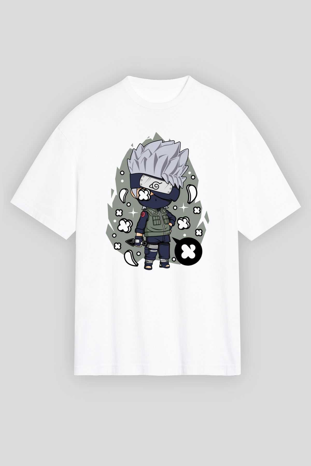 Kakashi Baskılı Beyaz Unisex Oversize Tişört