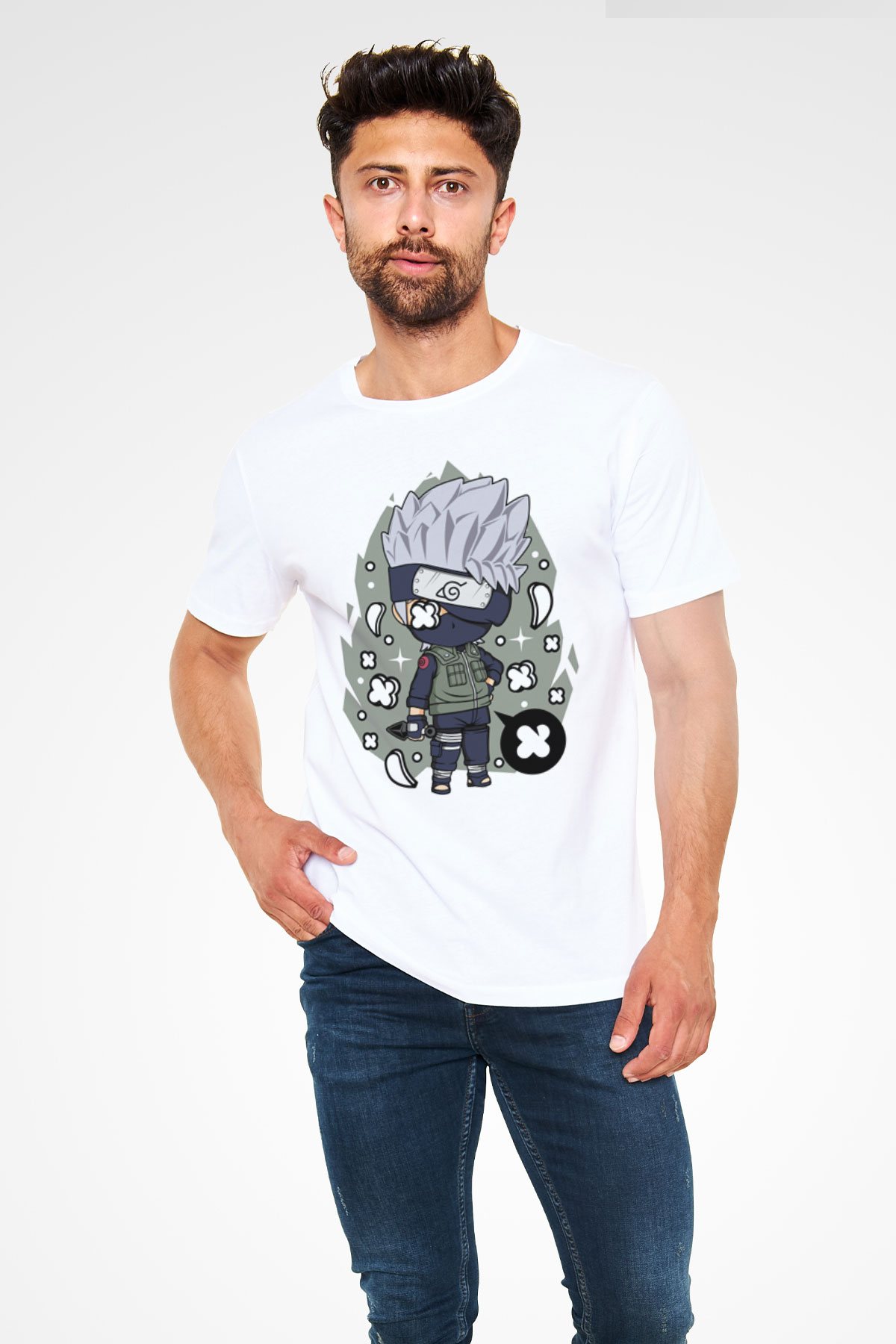 Kakashi Baskılı Beyaz Unisex Tişört