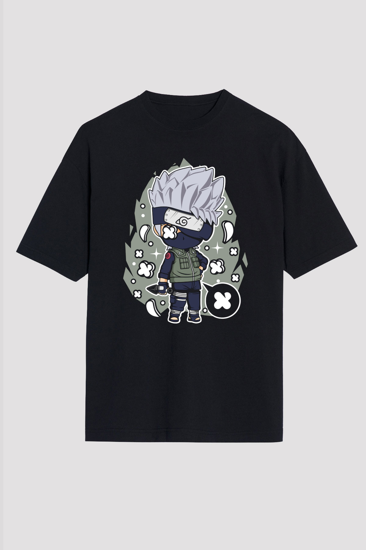 Kakashi Baskılı Unisex Siyah Oversize Tişört