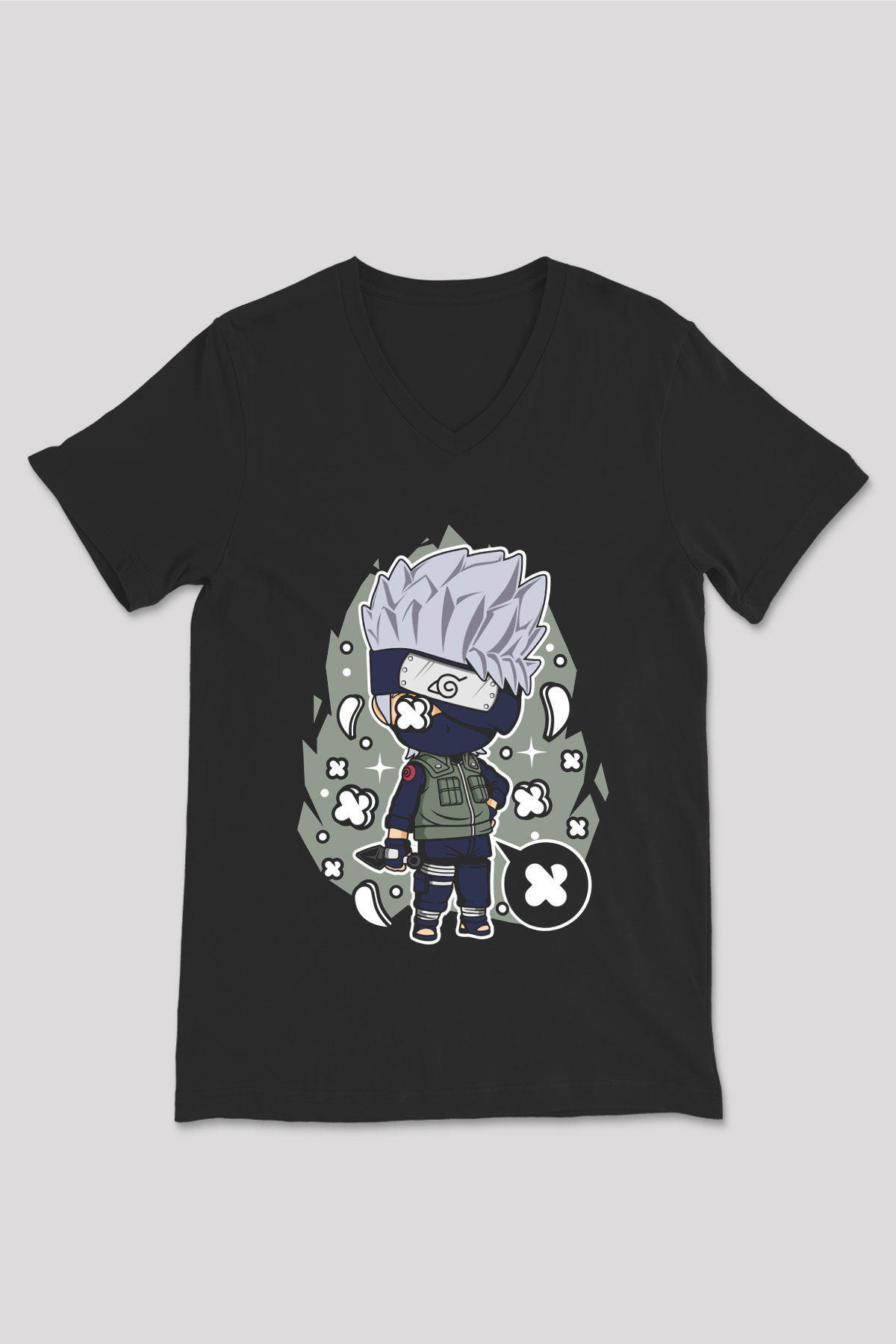Kakashi Baskılı Unisex Siyah V Yaka Tişört
