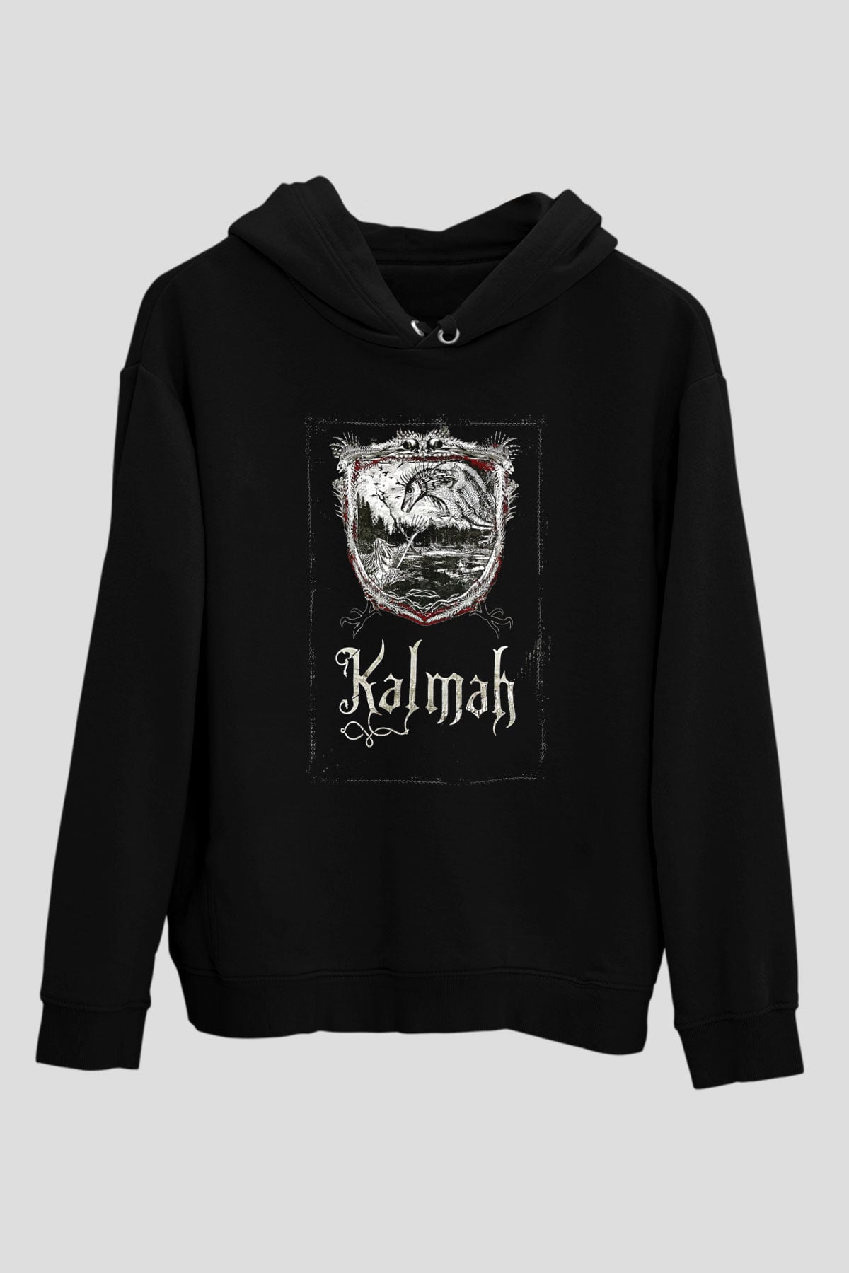 Kalmah Baskılı Unisex Siyah Kapüşonlu Sweatshirt