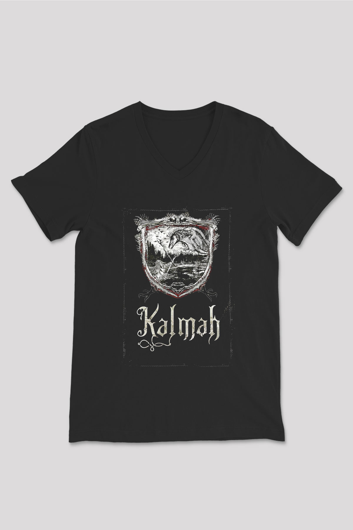 Kalmah Baskılı Unisex Siyah V Yaka Tişört - Tshirt