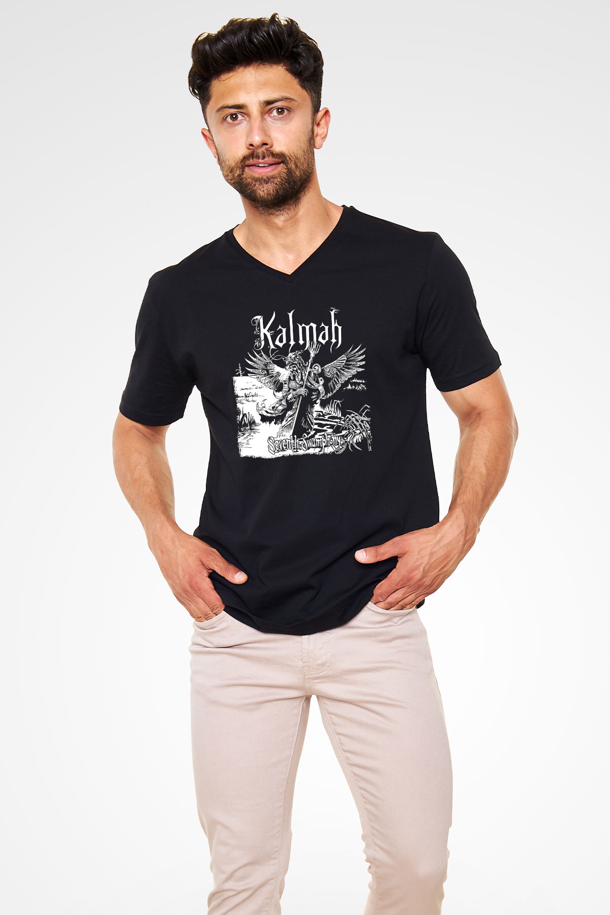 Kalmah Baskılı Unisex Siyah V Yaka Tişört - Tshirt