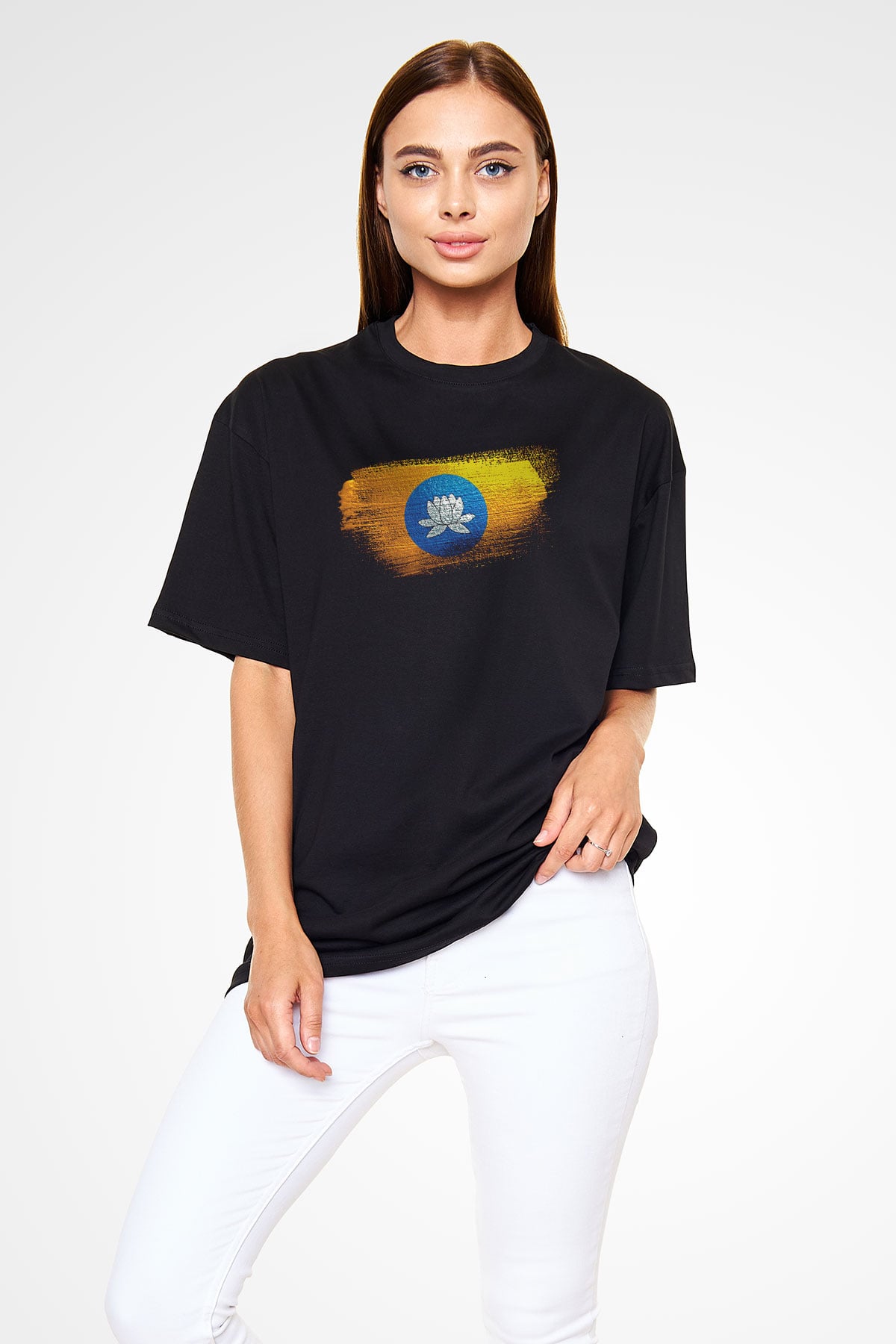 Kalmukya - Kalmykia Bayrağı Baskılı Unisex Siyah Oversize Tişört