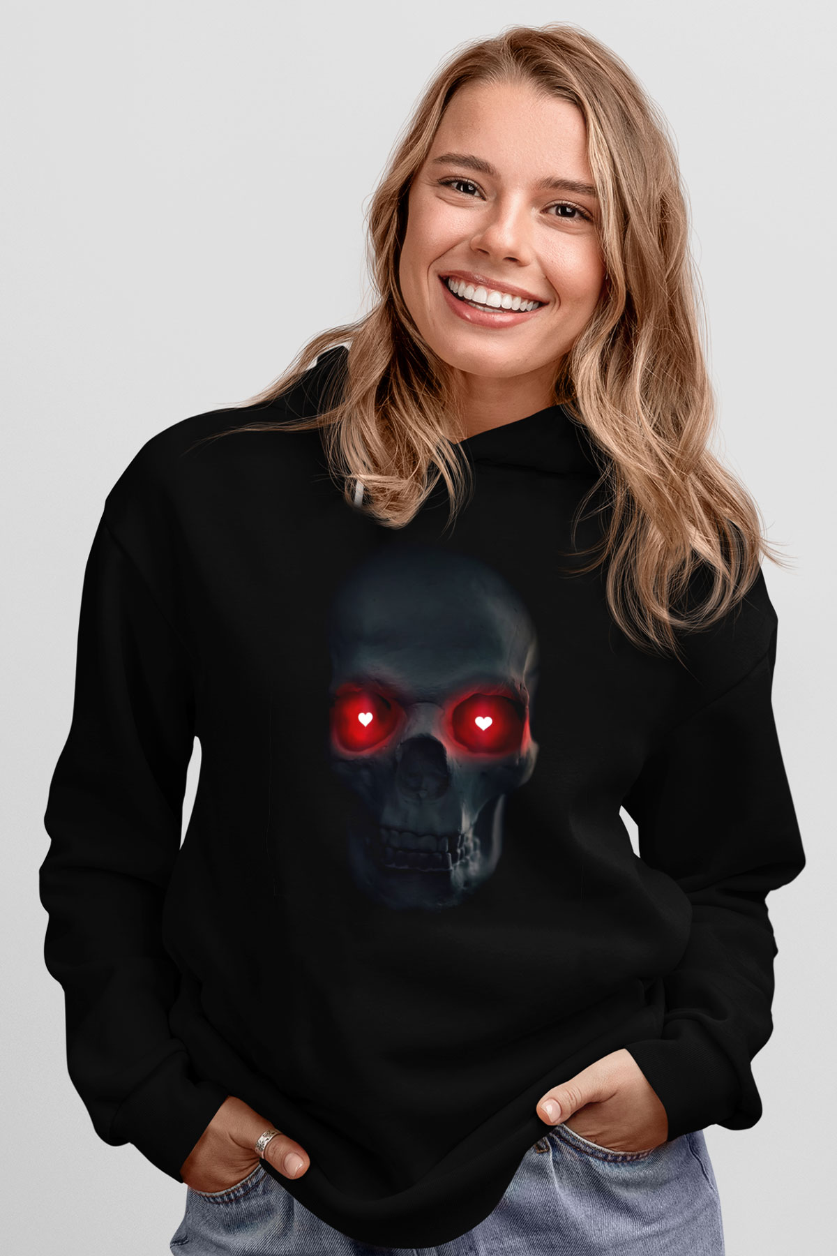 Kalp Gözlü KurukafaSiyah  Unisex Hoodie