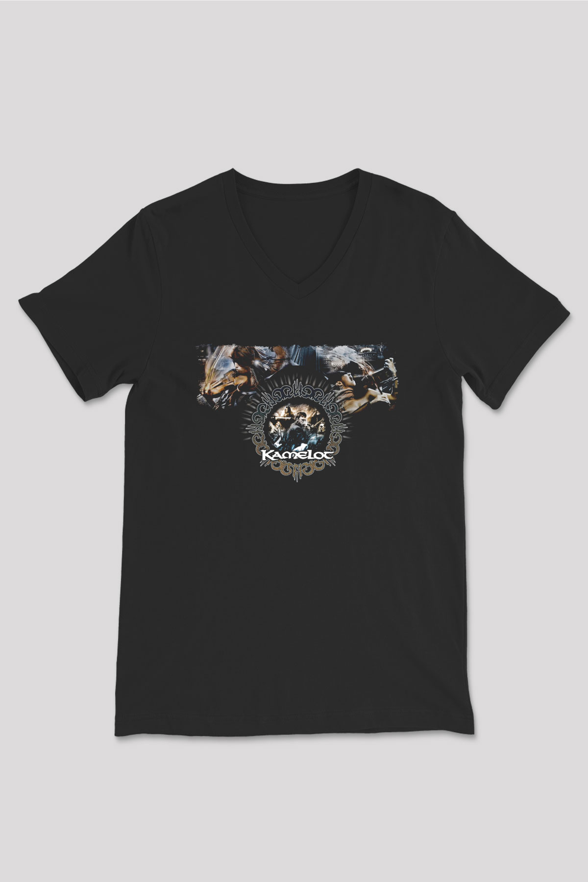 Kamelot Baskılı Unisex Siyah V Yaka Tişört - Tshirt