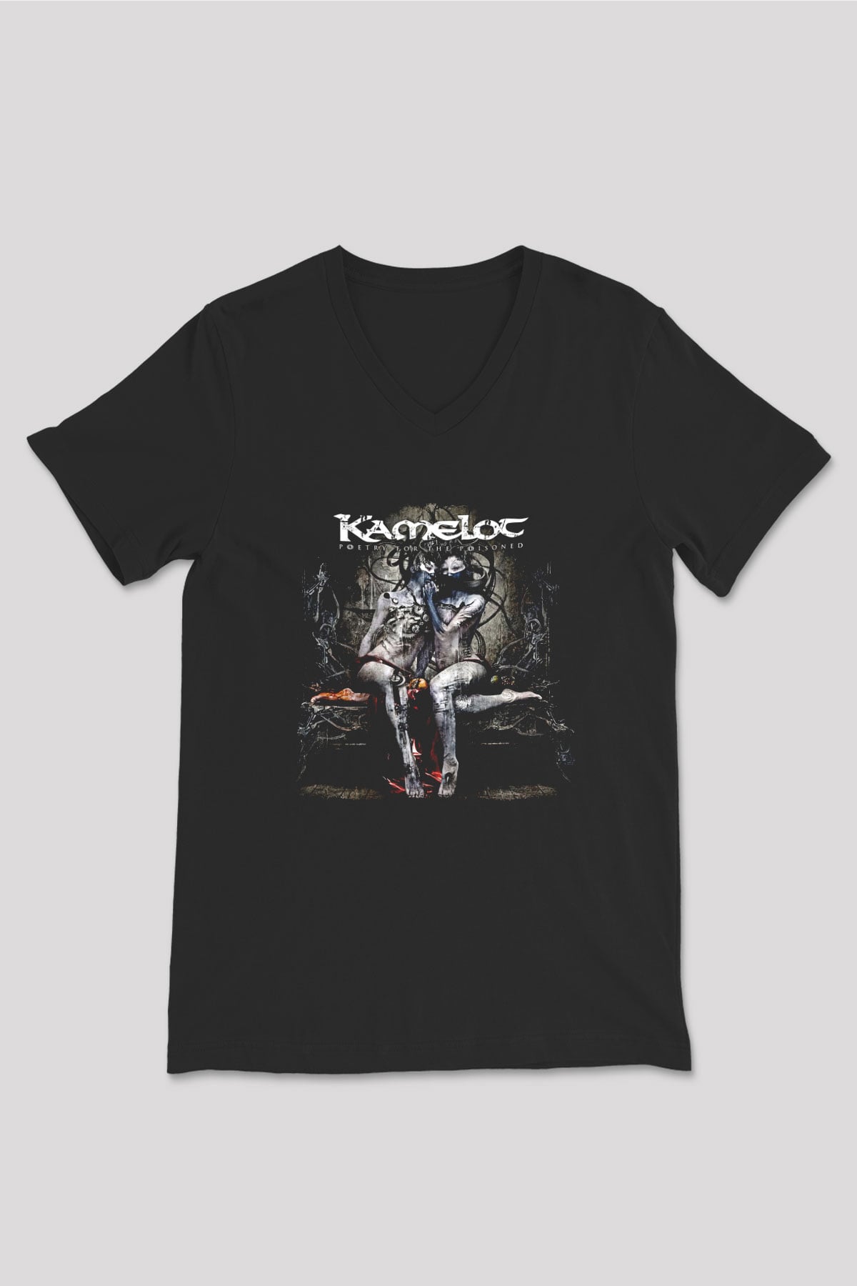 Kamelot Baskılı Unisex Siyah V Yaka Tişört - Tshirt