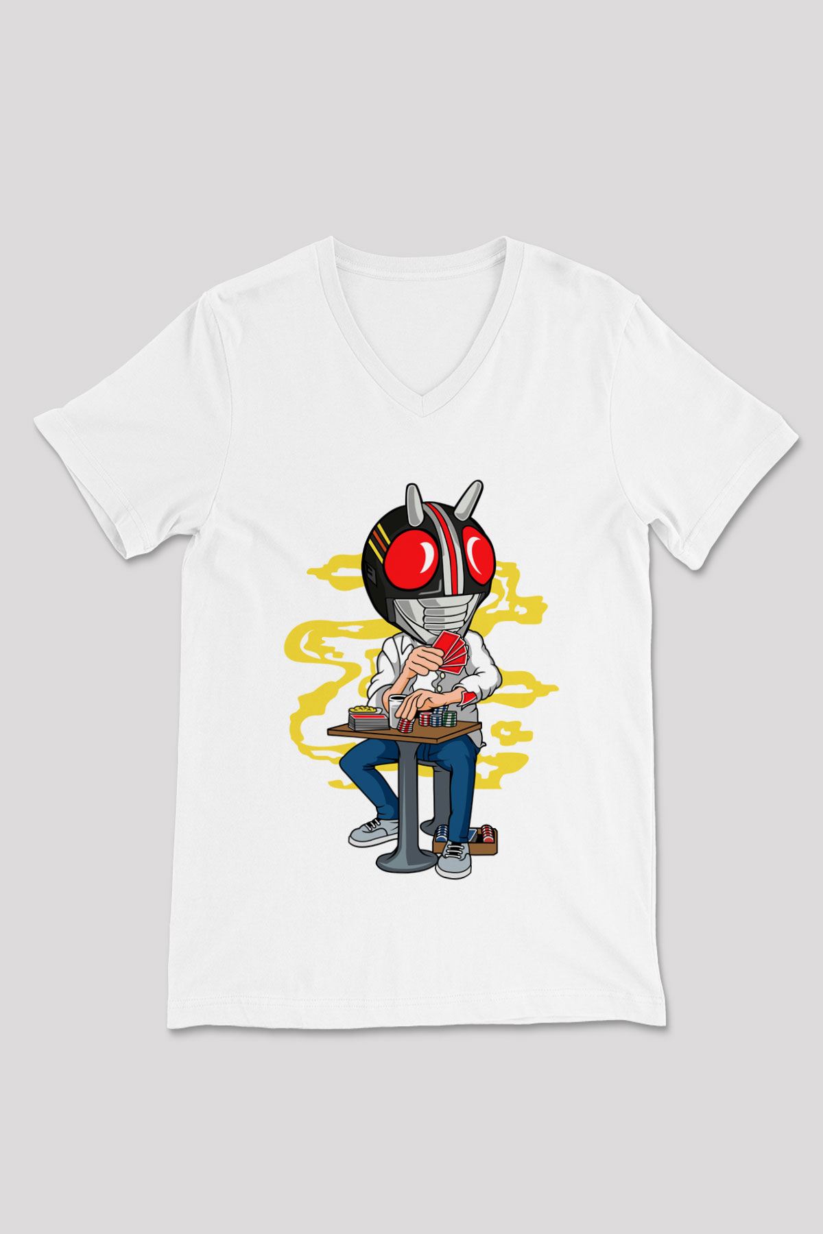 Kamen Gambler Baskılı Unisex Beyaz V Yaka Tişört