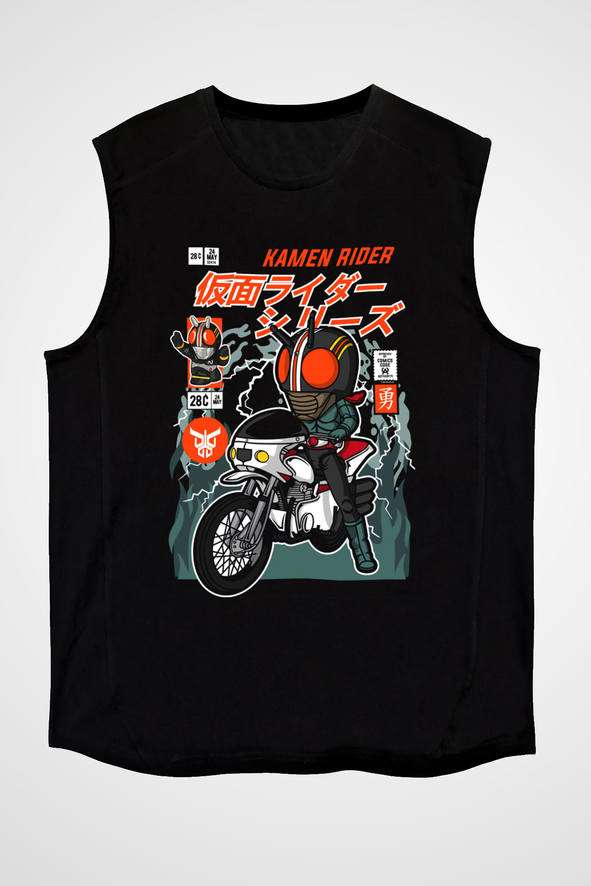 Kamen Motorider Baskılı Unisex Siyah Kolsuz Tişört