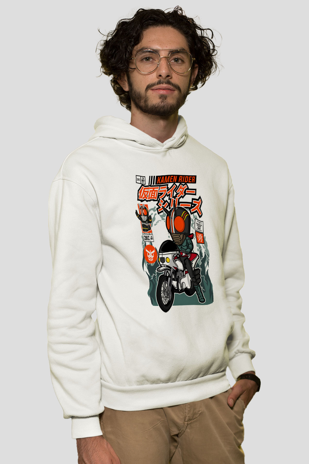 Kamen Rider Baskılı Unisex Beyaz Hoodie