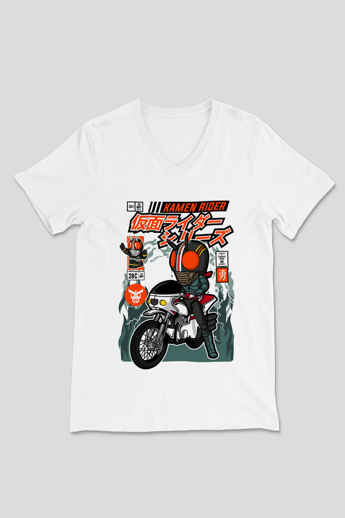 Kamen Rider Baskılı Unisex Beyaz V Yaka Tişört