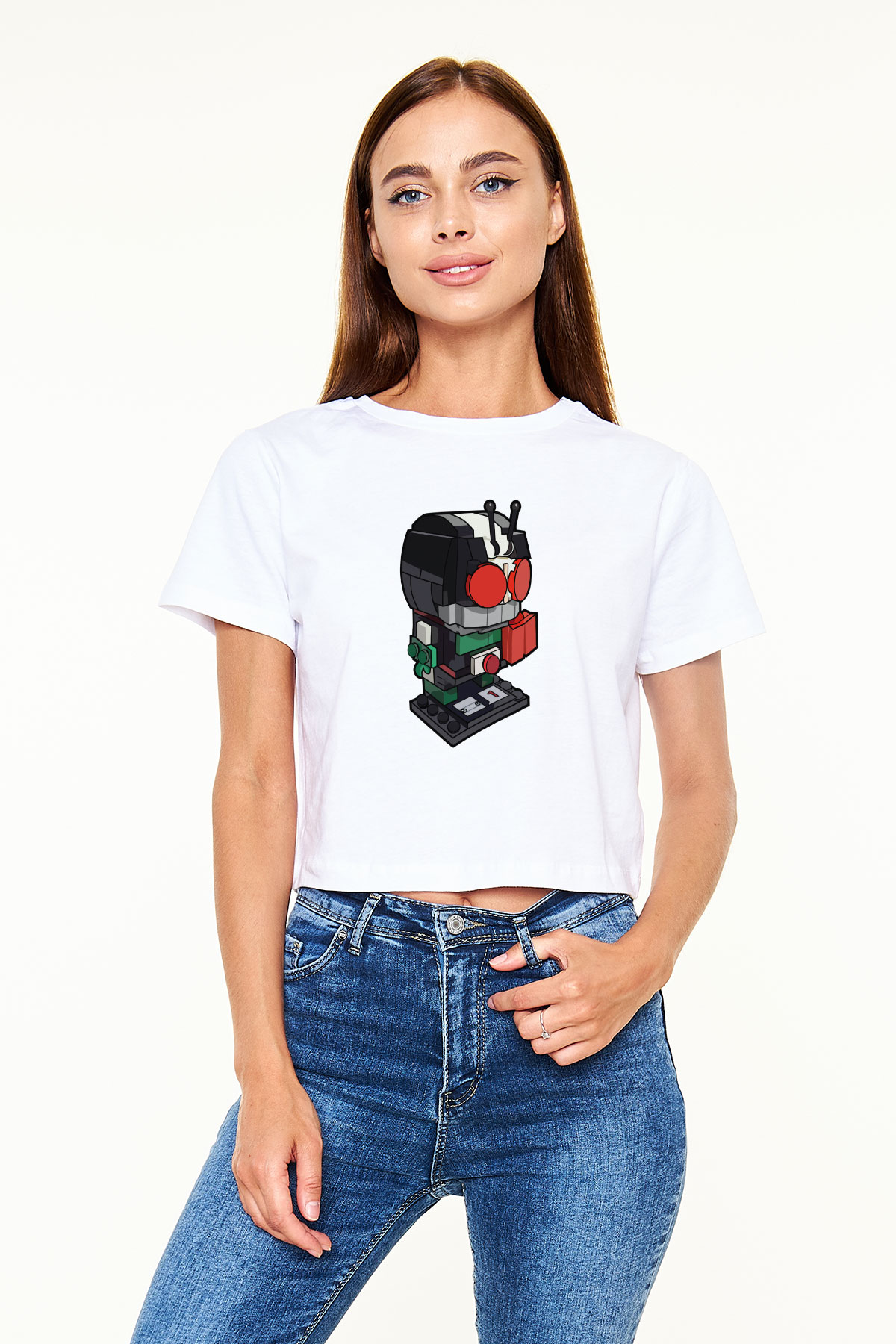 Kamen Rider Lego Baskılı Beyaz Kadın Crop Top Tişört