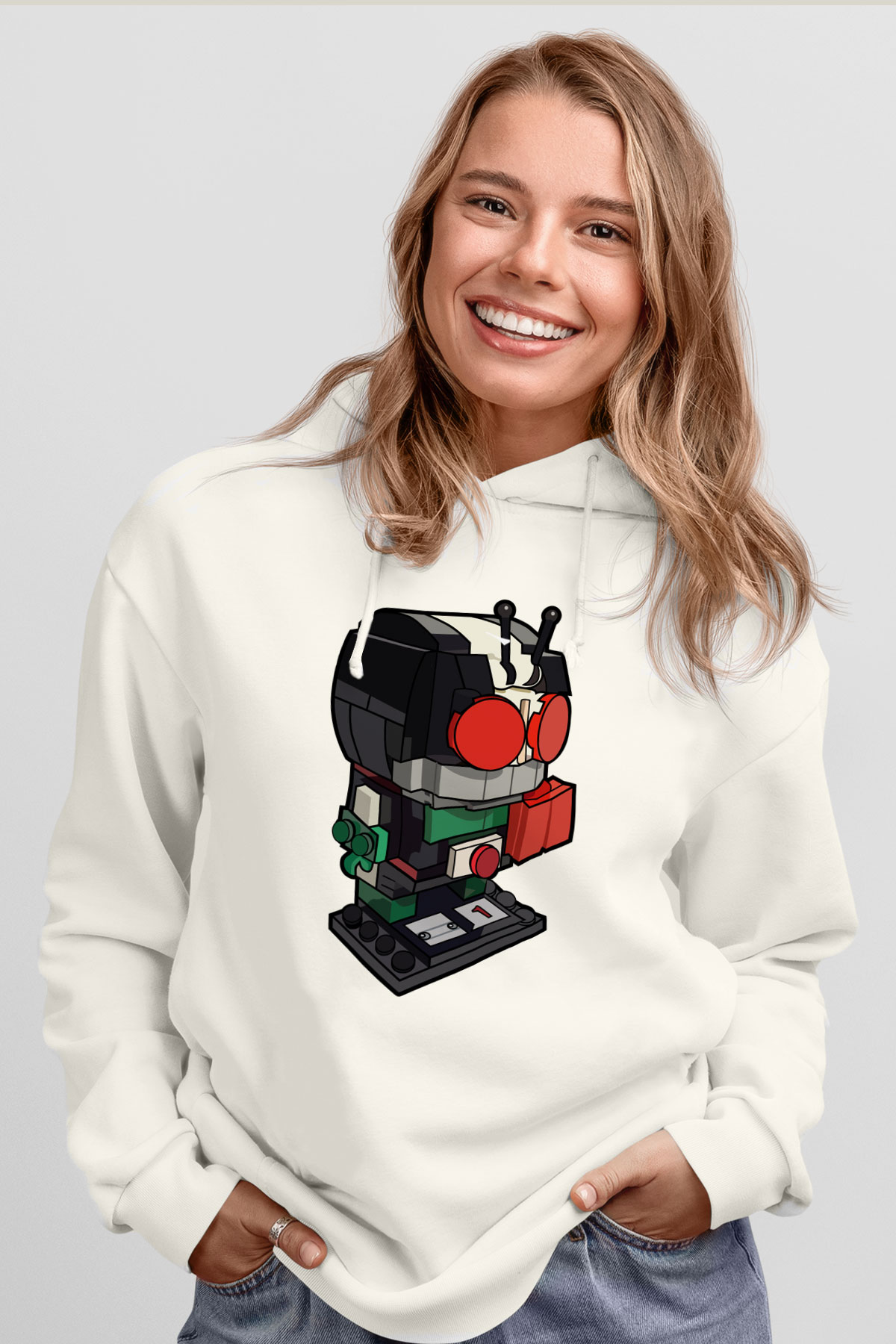 Kamen Rider Lego Baskılı Beyaz Unisex Hoodie