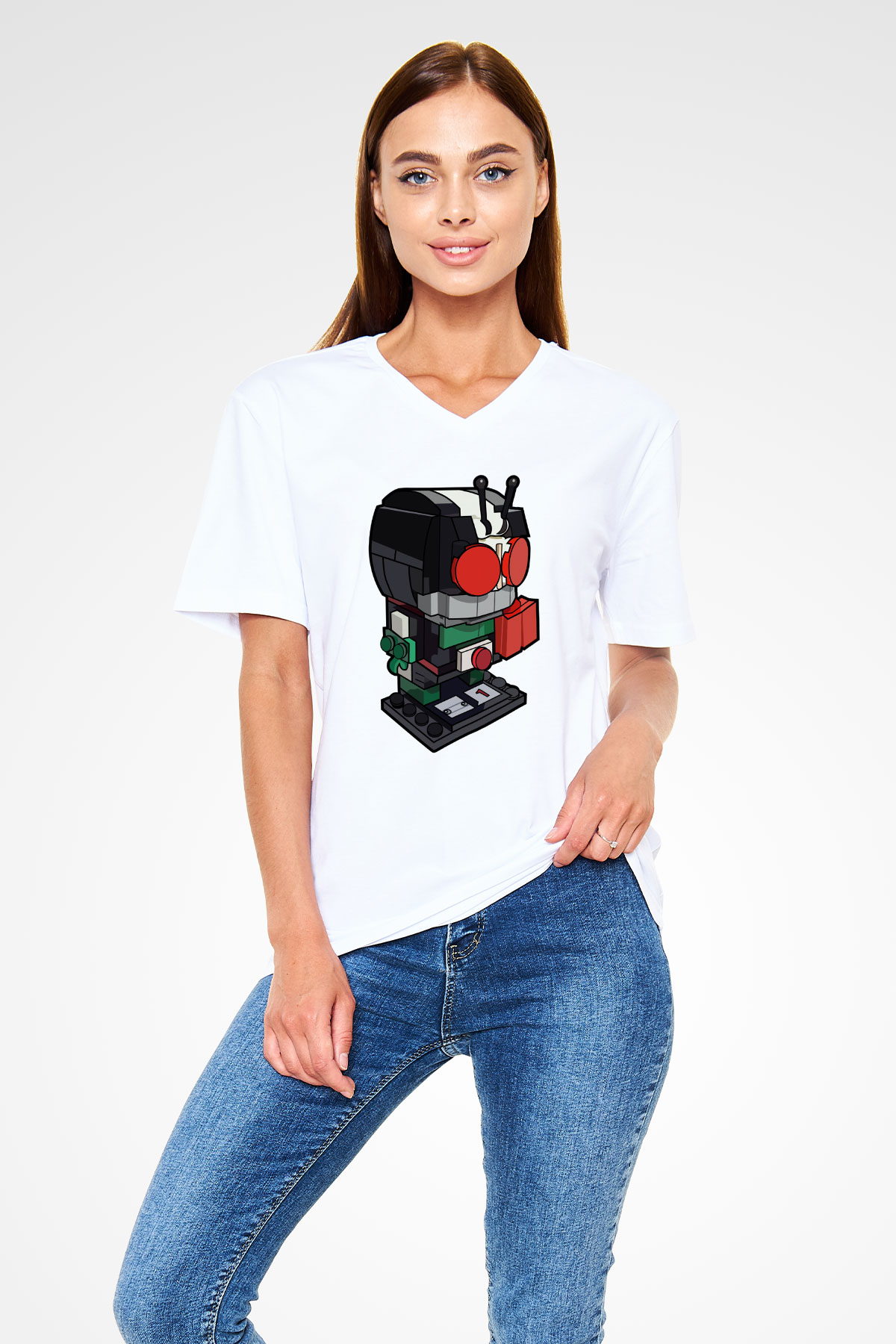 Kamen Rider Lego Baskılı Beyaz Unisex V Yaka Tişört