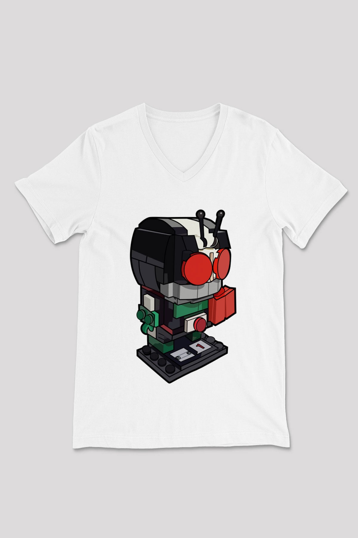 Kamen Rider Lego Baskılı Beyaz Unisex V Yaka Tişört