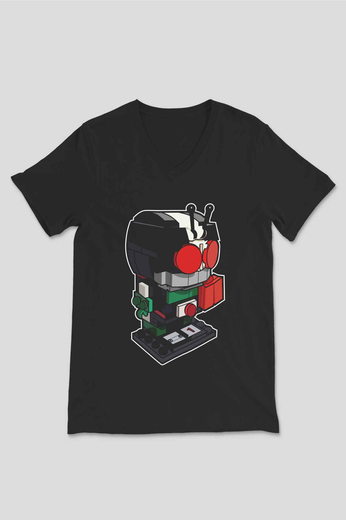 Kamen Rider Lego Baskılı Siyah Unisex V Yaka Tişört