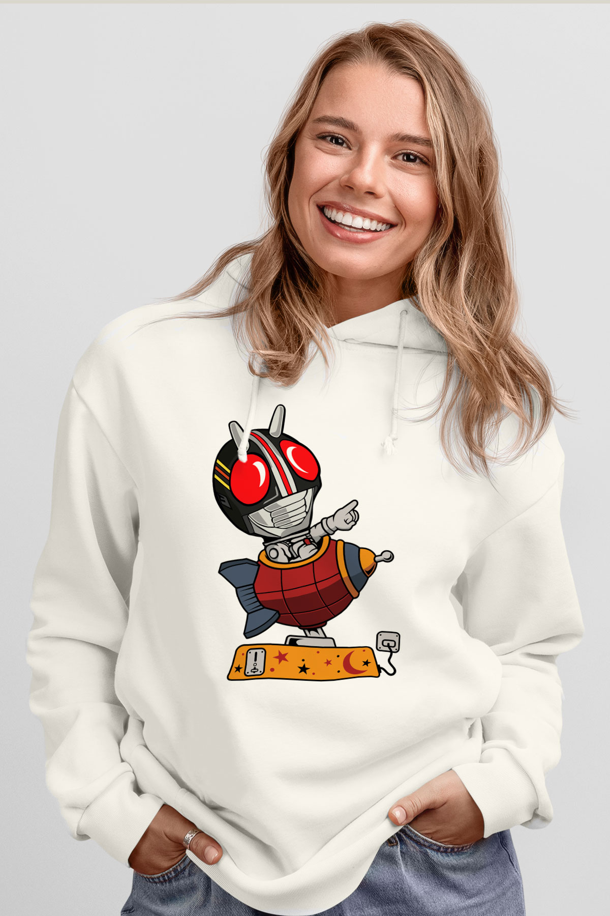 Kamen Rocket Baskılı Beyaz Unisex Hoodie