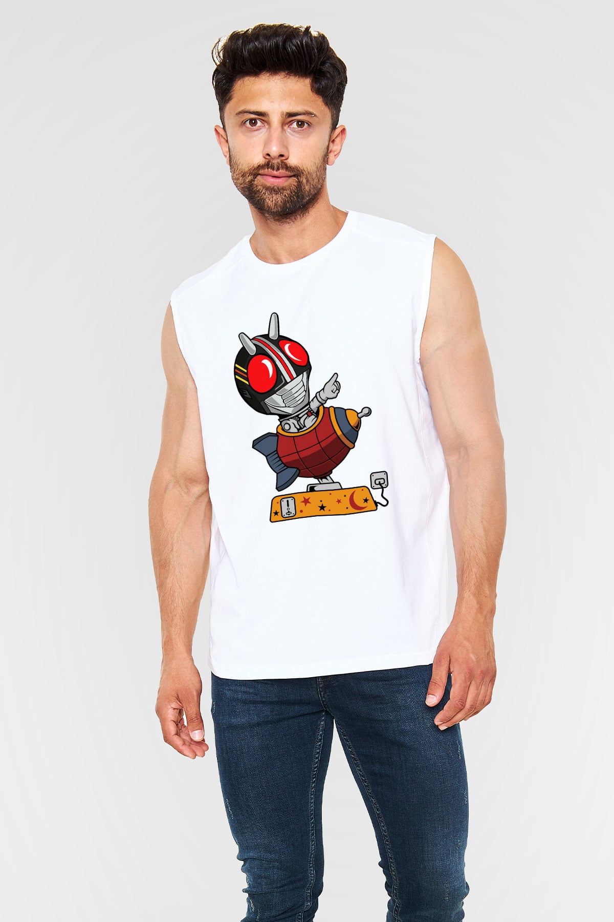 Kamen Rocket Baskılı Beyaz Unisex Kolsuz Tişört
