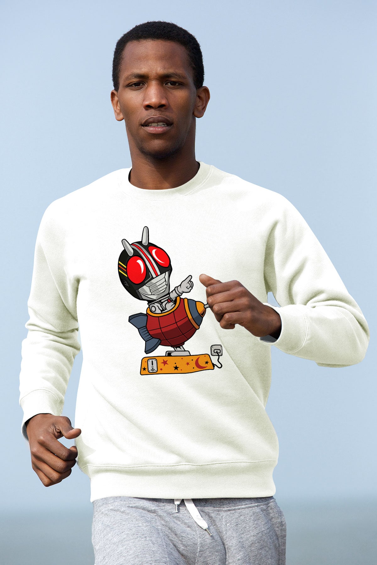 Kamen Rocket Baskılı Beyaz Unisex Sweatshirt