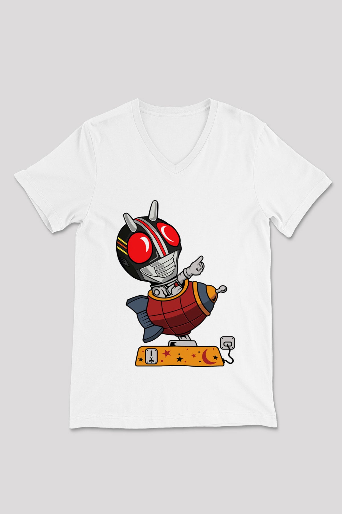 Kamen Rocket Baskılı Beyaz Unisex V Yaka Tişört