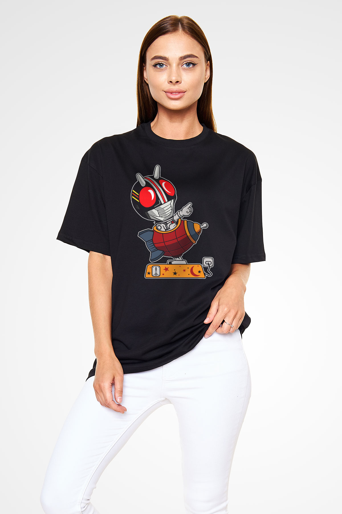Kamen Rocket Baskılı Siyah Unisex Oversize Tişört