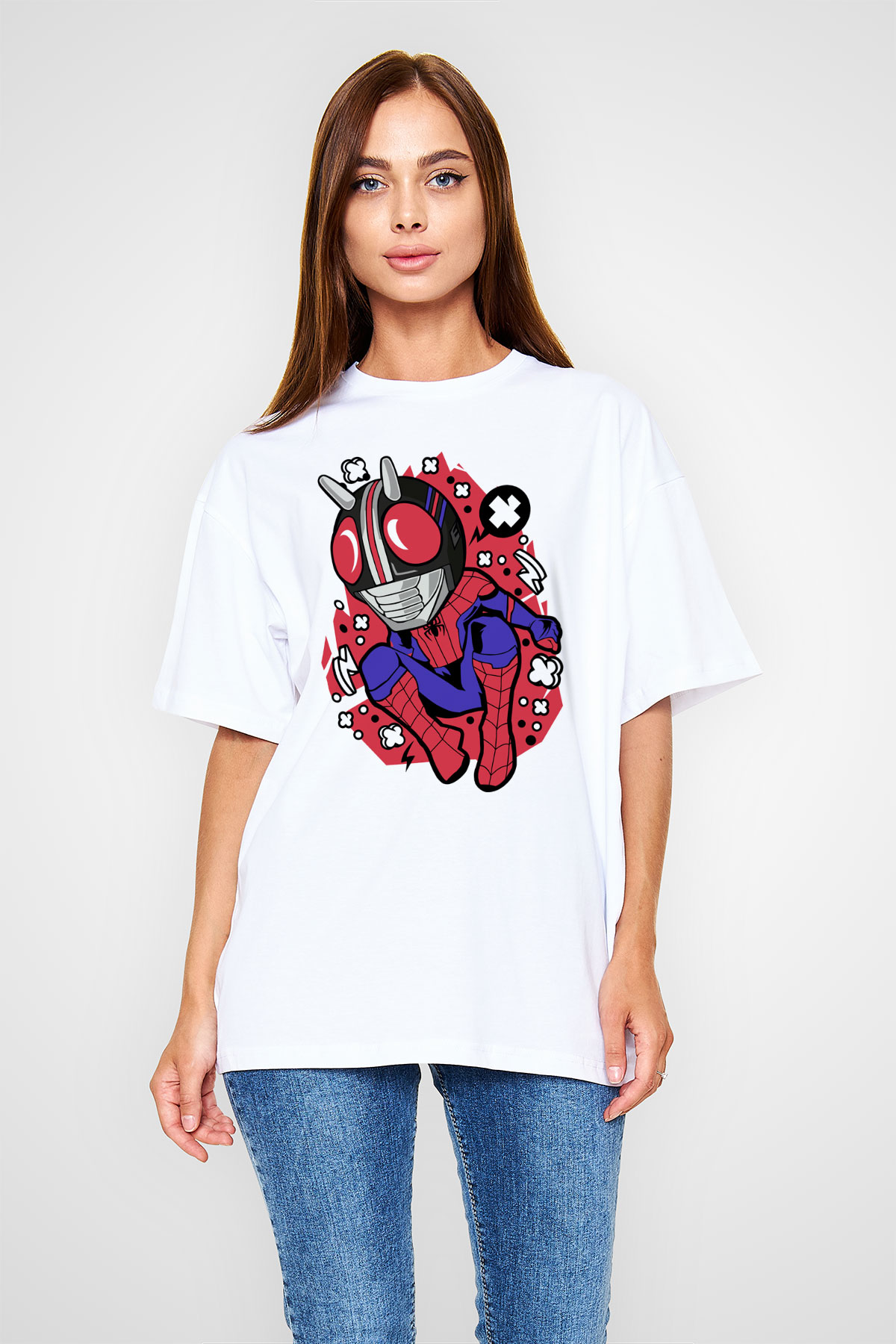 Kamen Spider Baskılı Beyaz Unisex Oversize Tişört