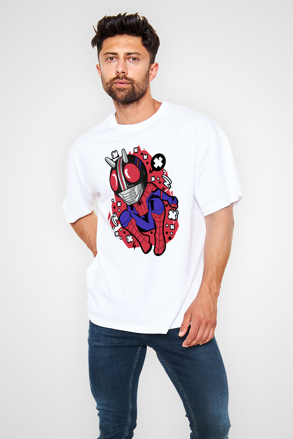 Kamen Spider Baskılı Beyaz Unisex Oversize Tişört