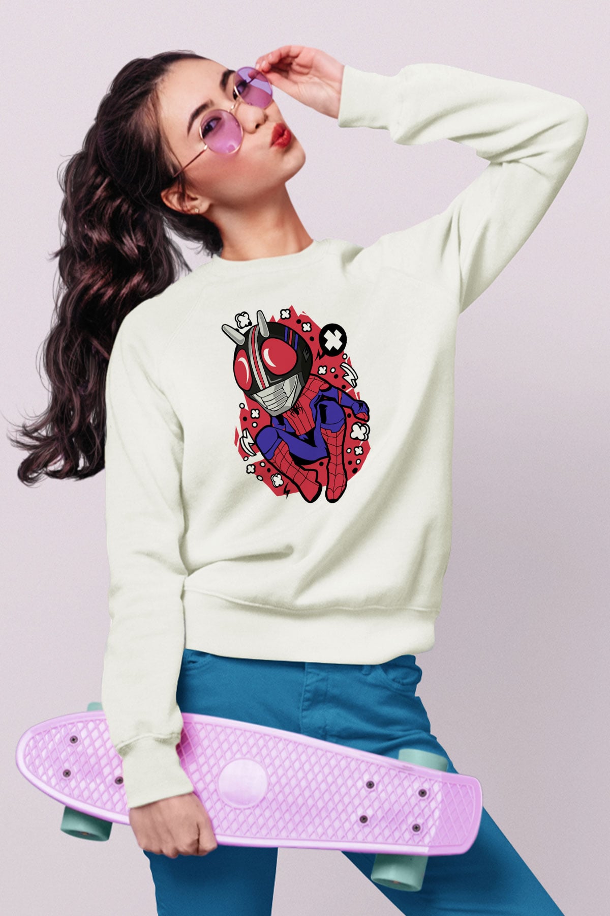 Kamen Spider Baskılı Beyaz Unisex Sweatshirt