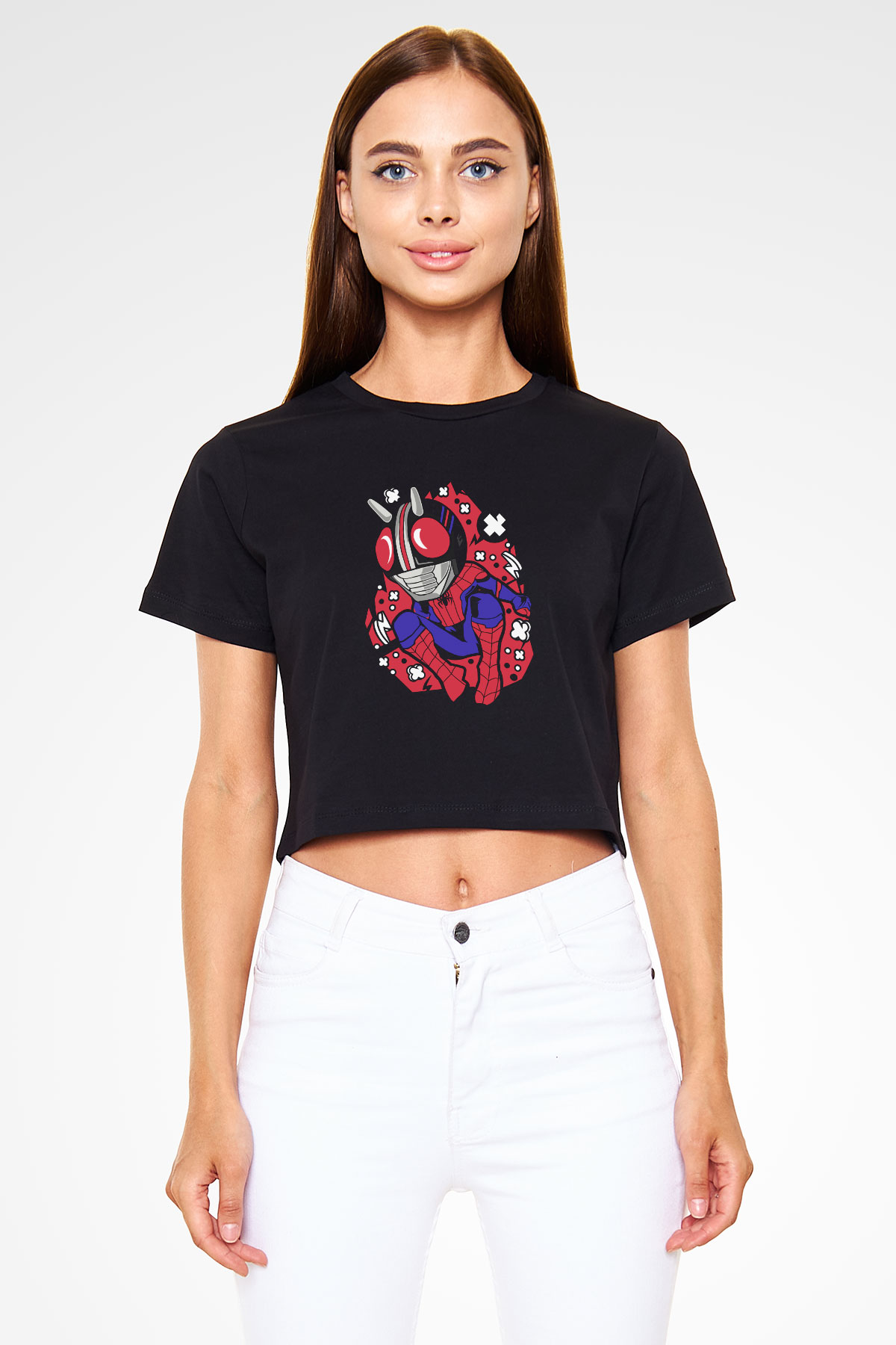 Kamen Spider Baskılı Siyah Kadın Crop Top Tişört