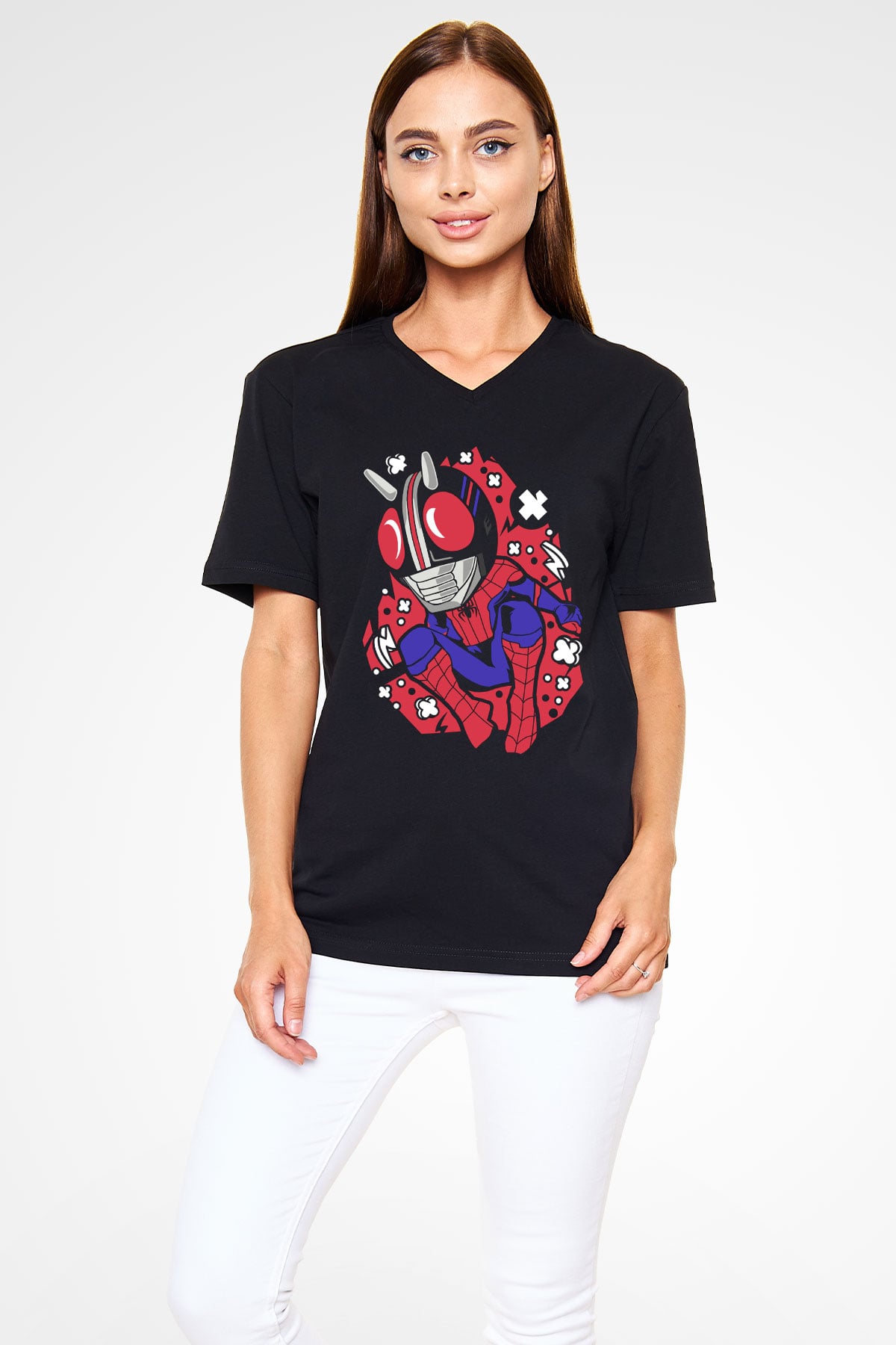Kamen Spider Baskılı Siyah Unisex V Yaka Tişört