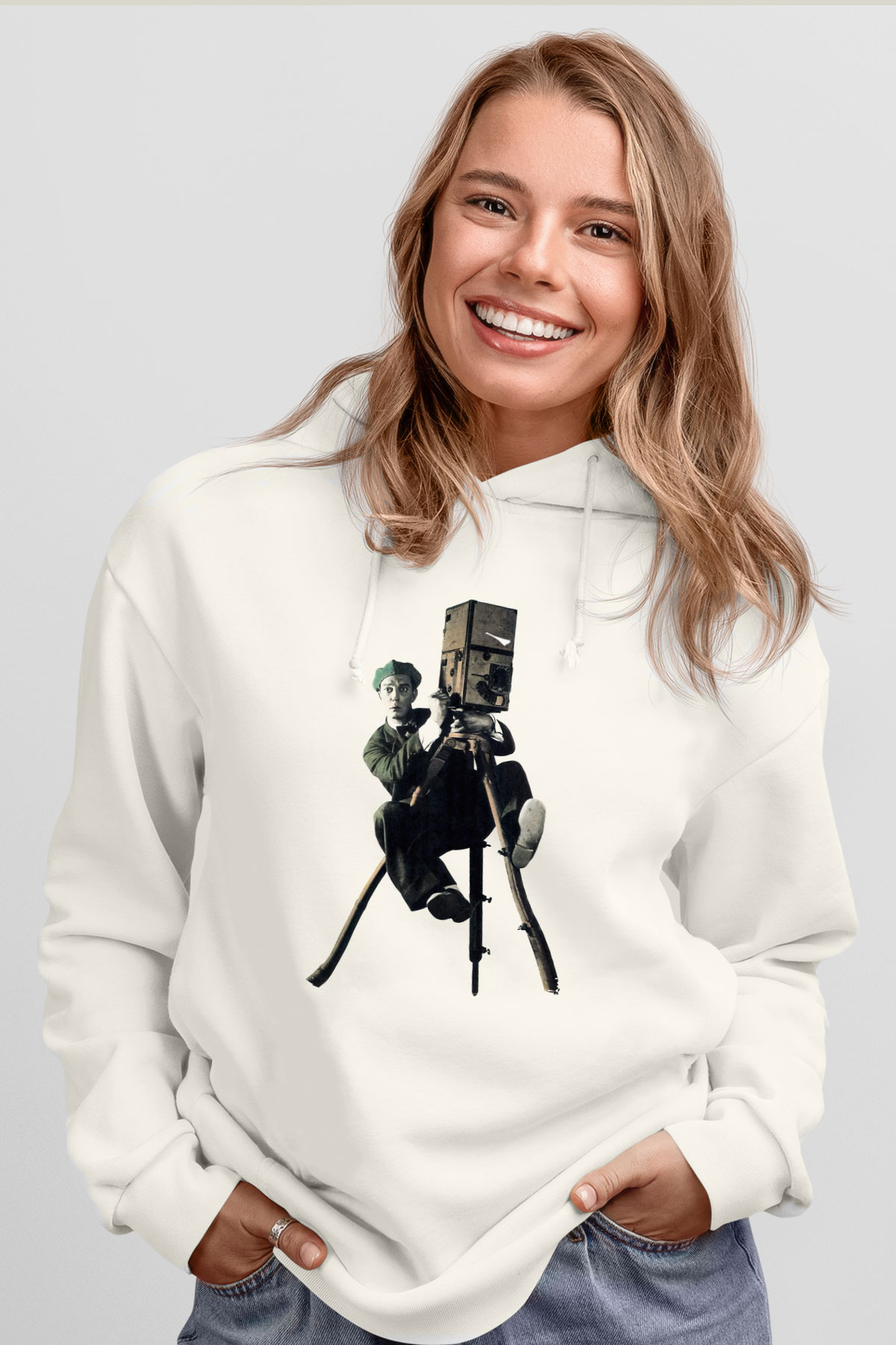 Kameraman Beyaz Unisex Kapüşonlu Sweatshirt