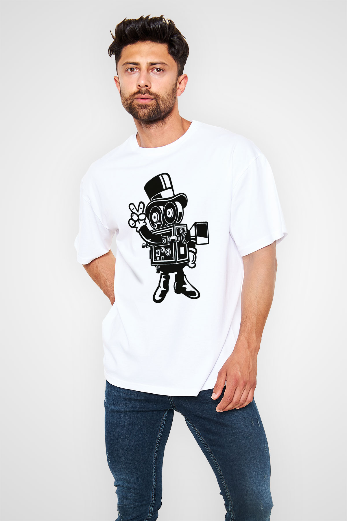 Kameraman Beyaz Oversize Tişört Oversize T-shirt - TişörtFabrikası