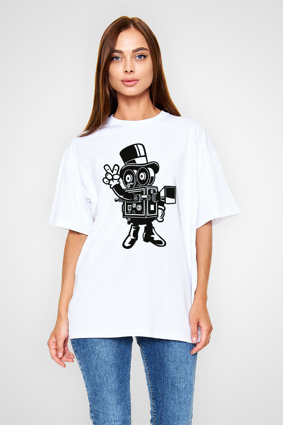 Kameraman Beyaz Oversize Tişört Oversize T-shirt - TişörtFabrikası